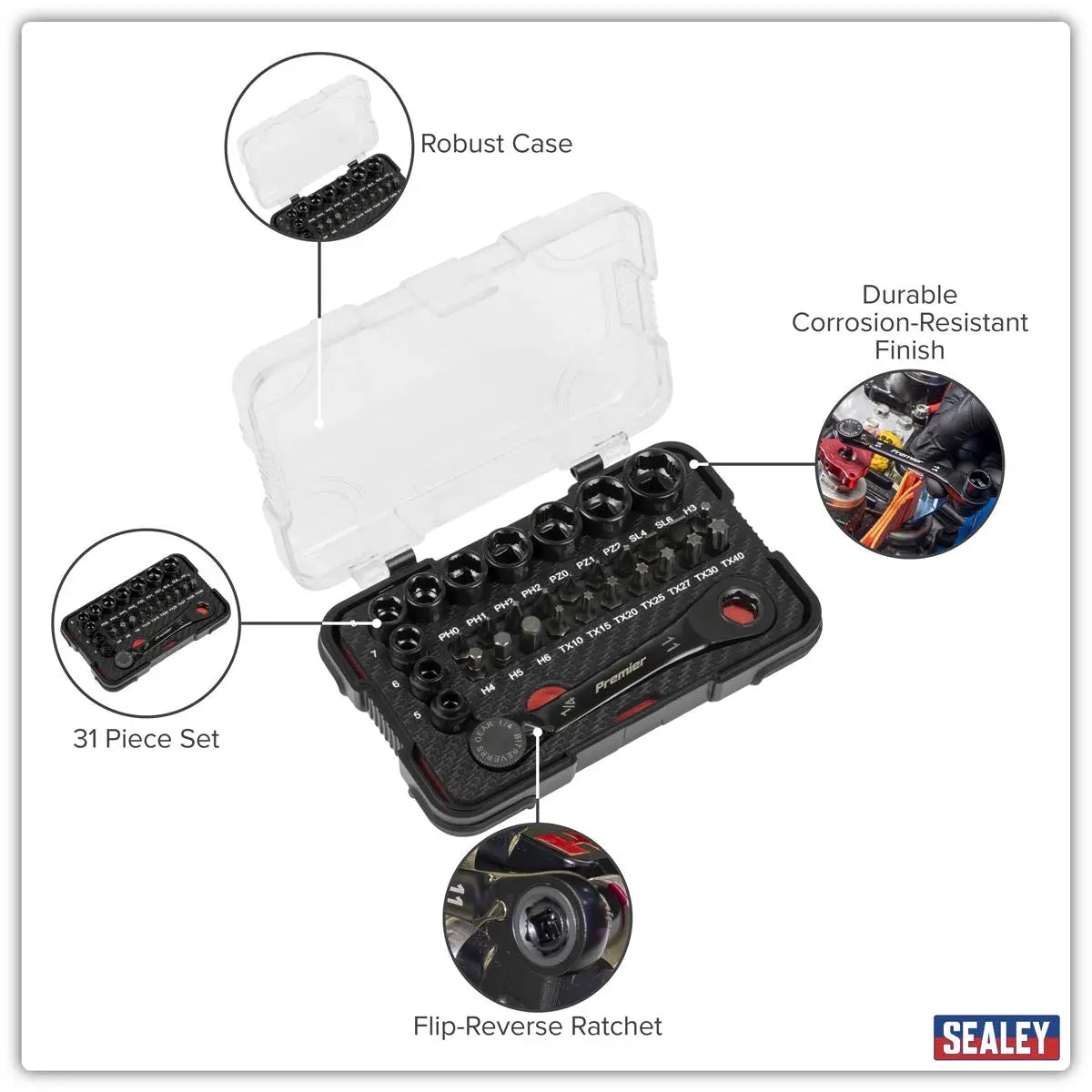 Sealey Premier Black Premier Black Go-Through Lock-On™ Low Profile Socket & Bit Set 1/4"Sq Drive 31pc  White Rose Tools