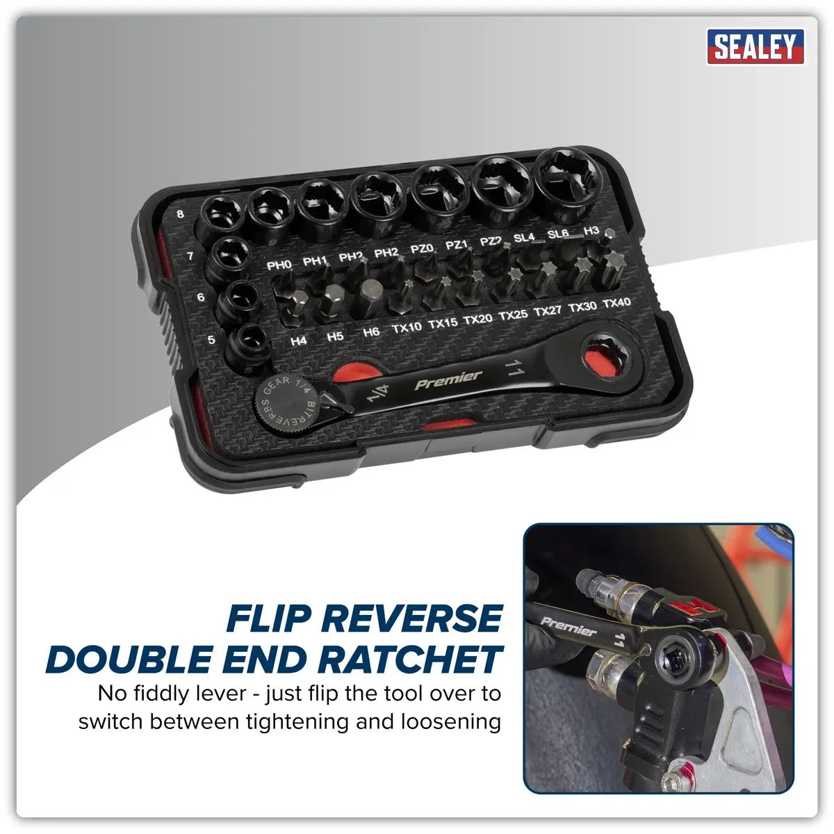 Sealey Premier Black Premier Black Go-Through Lock-On™ Low Profile Socket & Bit Set 1/4"Sq Drive 31pc  White Rose Tools