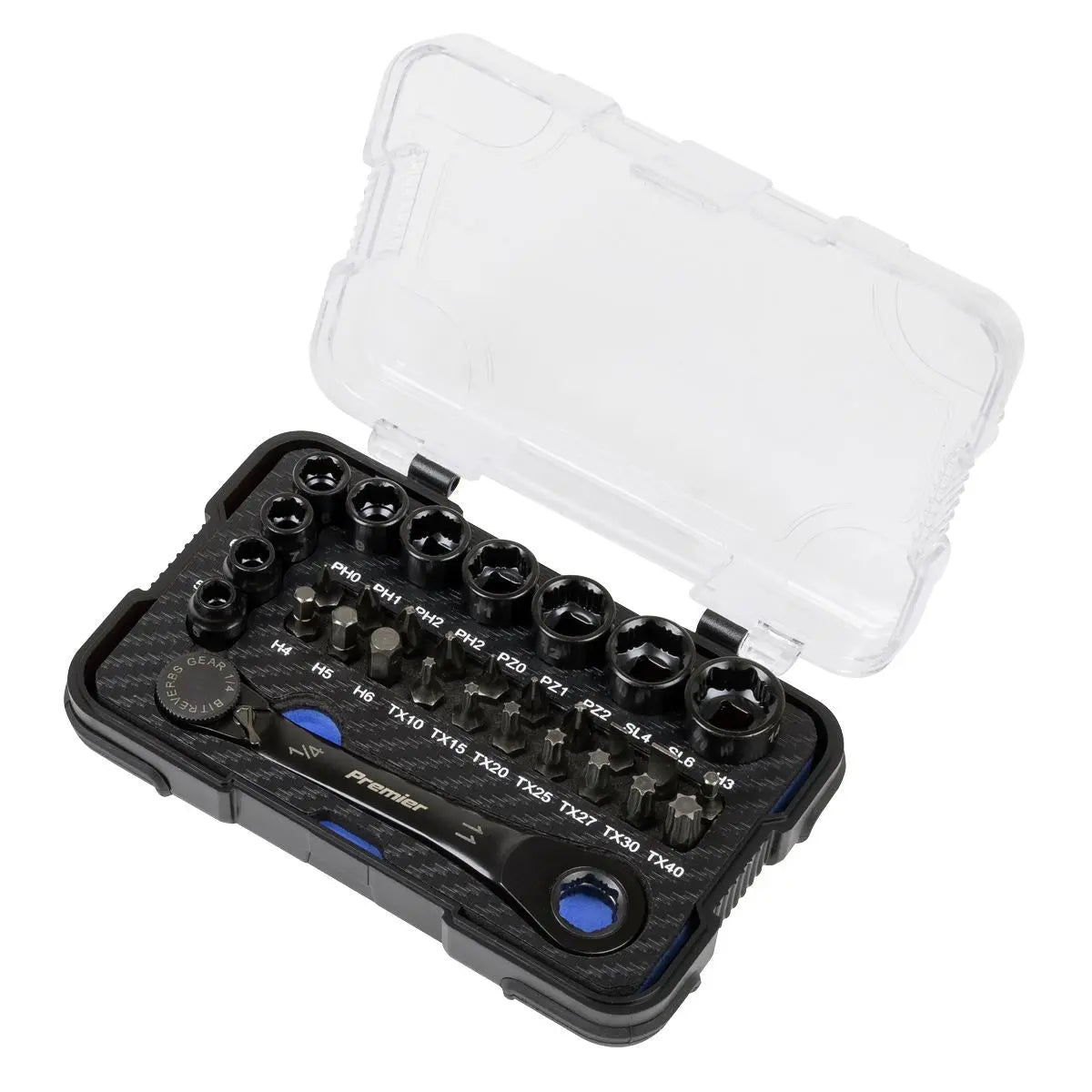 Sealey Premier Black Premier Black Go-Through Lock-On™ Low Profile Socket & Bit Set 1/4"Sq Drive 31pc  White Rose Tools