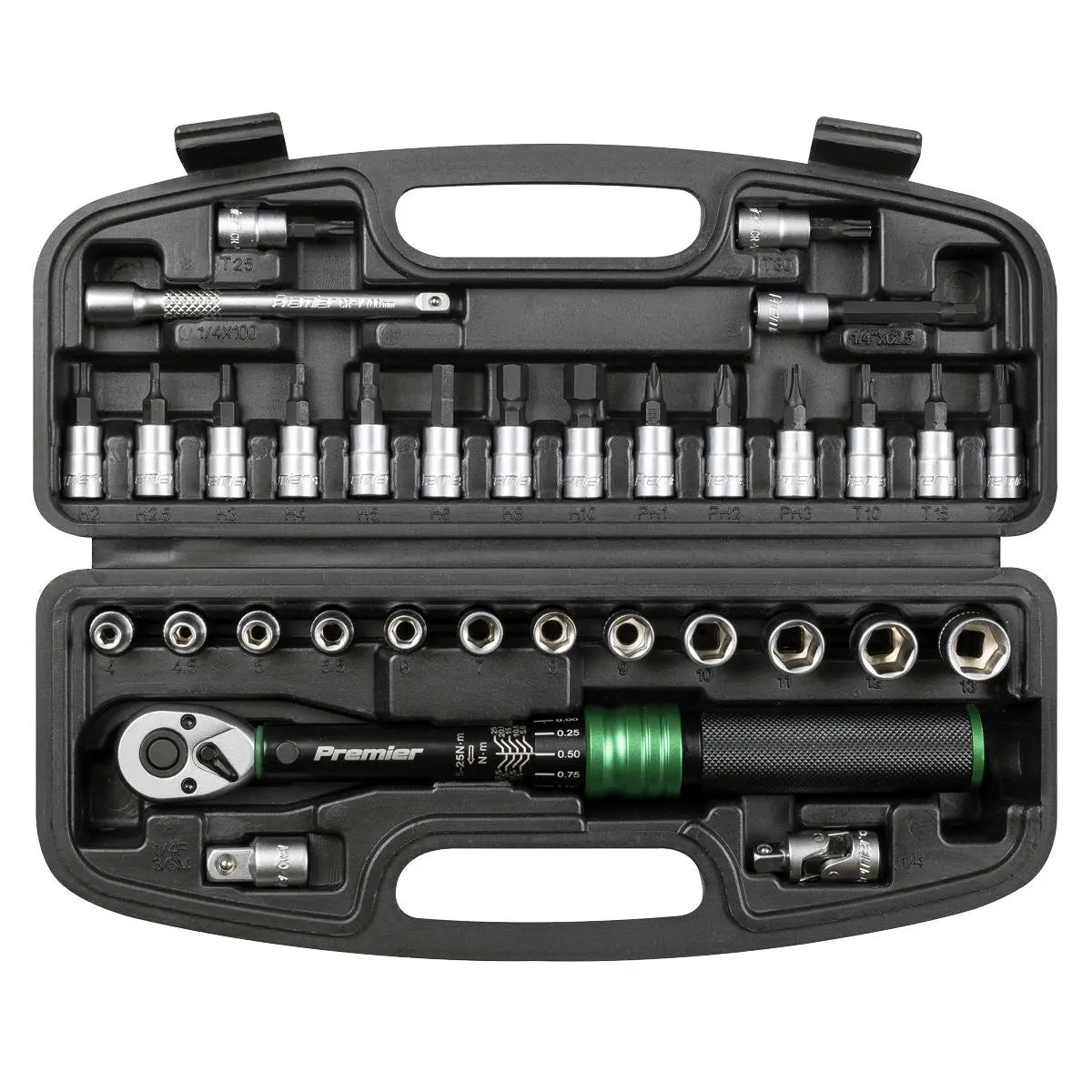 Sealey Premier Black Torque Wrench Set 1/4"Sq Drive 5-25Nm 33pc  White Rose Tools