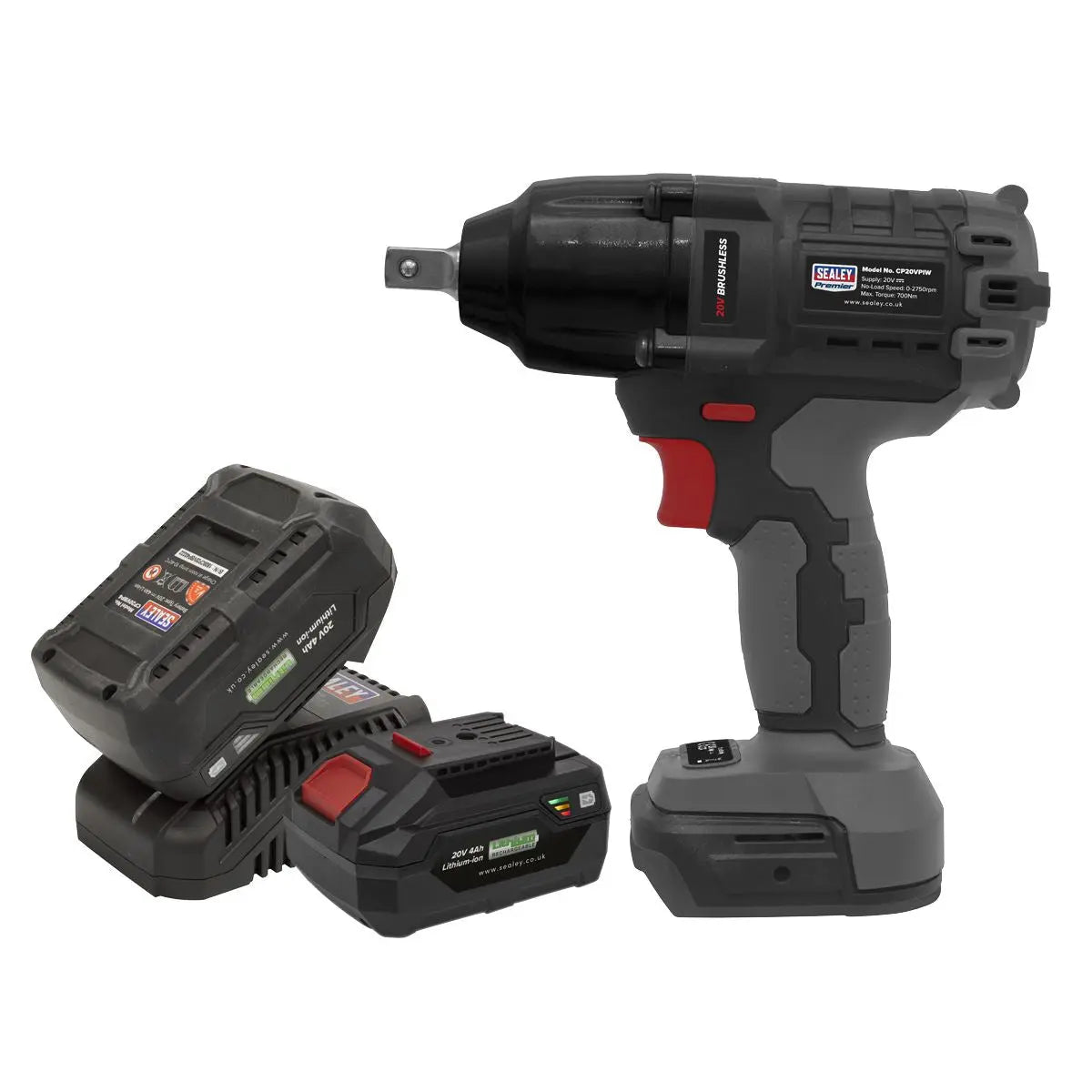 Sealey Premier Brushless Impact Wrench Kit 1/2"Sq Drive 20V 4Ah SV20 Series - 2 Batteries 