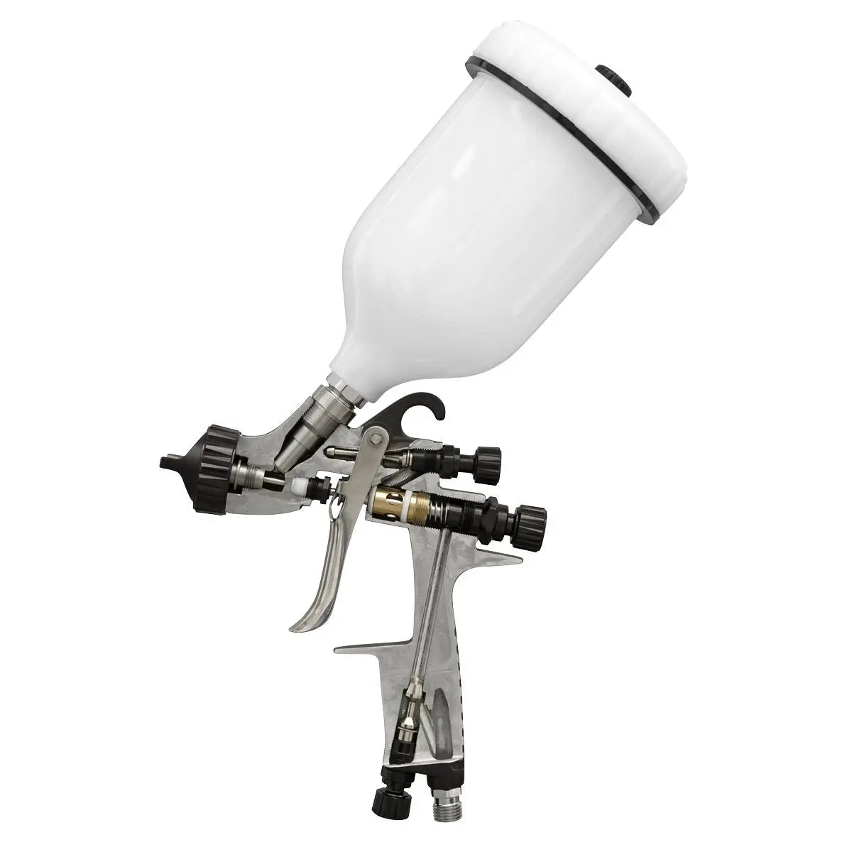 Sealey Premier HVLP Gravity Feed Spray Gun 1.3mm Set-Up  White Rose Tools