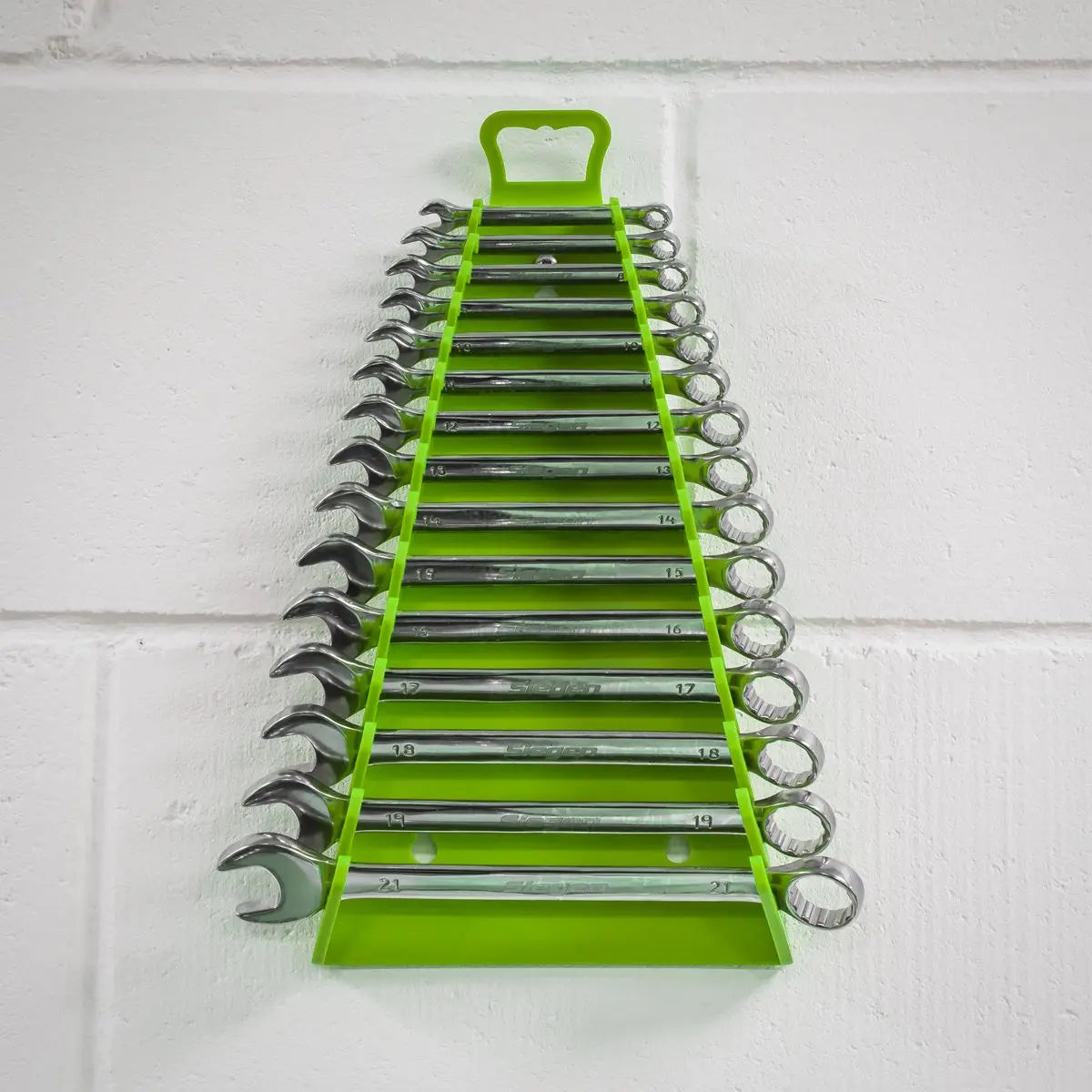 Sealey Premier High Visibility Green Reverse Spanner Rack 15 Capacity Hanging Toolbox 
