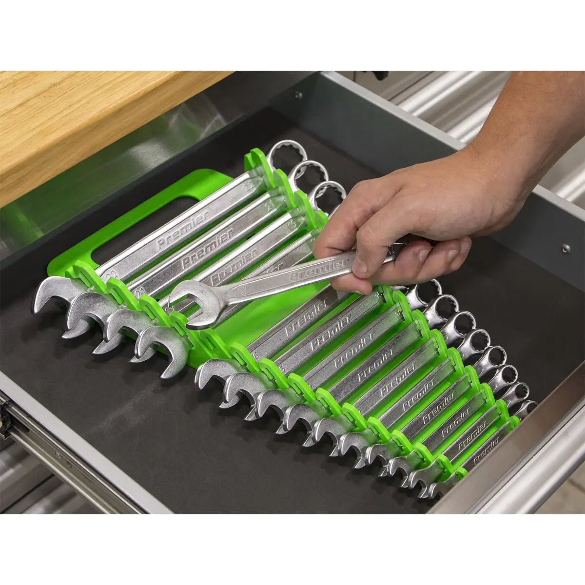 Sealey Premier High Visibility Green Spanner Rack 15 Capacity Hanging Toolbox 