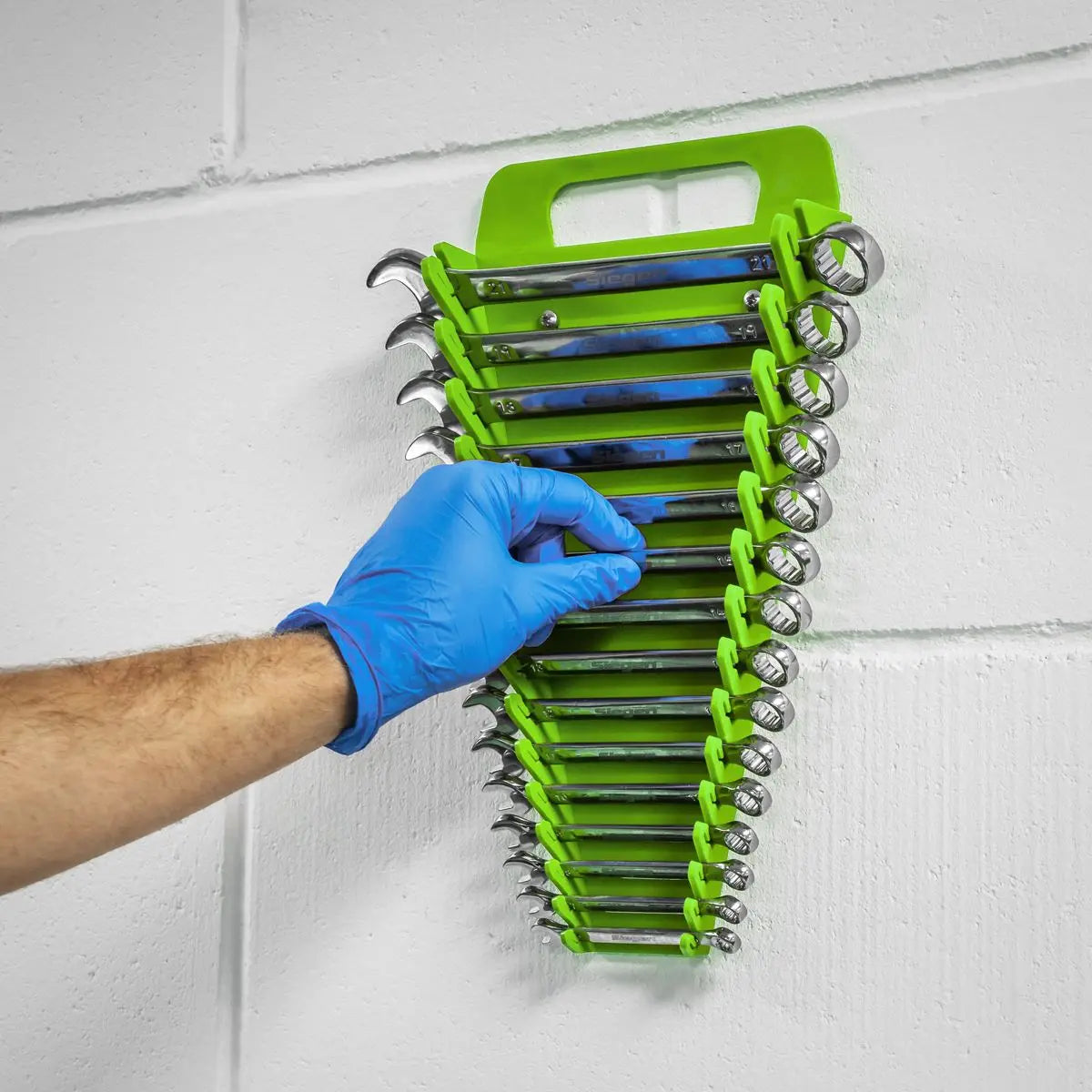 Sealey Premier High Visibility Green Spanner Rack 15 Capacity Hanging Toolbox 