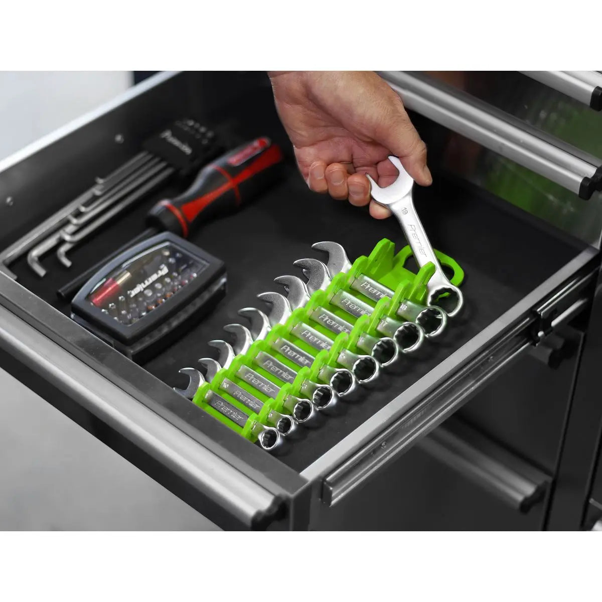 Sealey Premier High Visibility Green Stubby Spanner Rack 10 Capacity Hanging Toolbox 