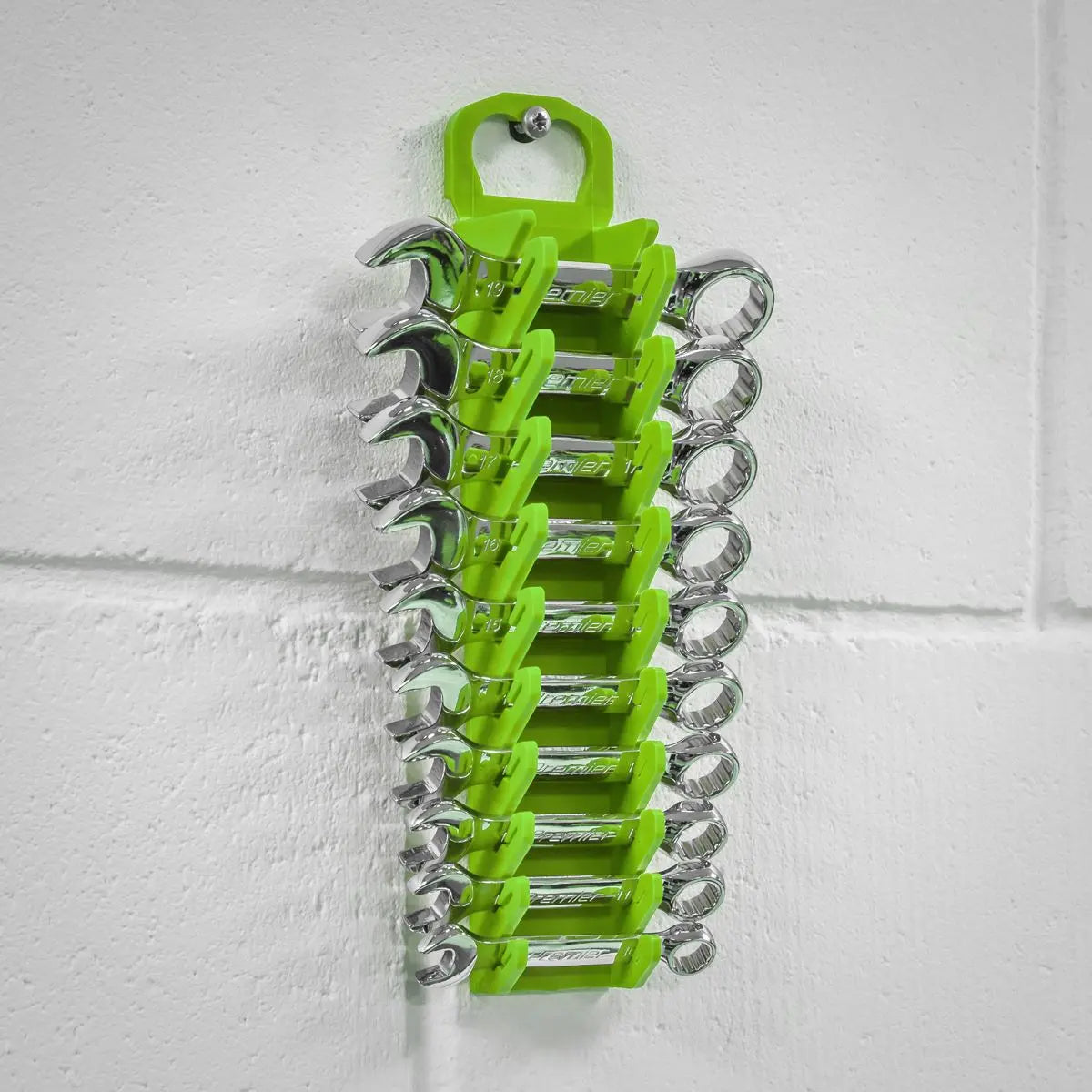 Sealey Premier High Visibility Green Stubby Spanner Rack 10 Capacity Hanging Toolbox 