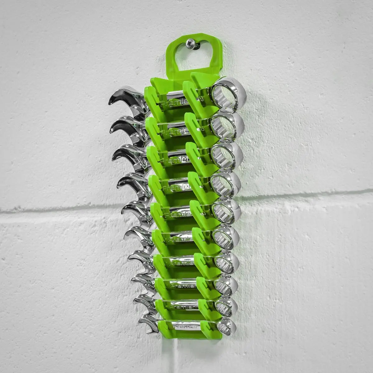 Sealey Premier High Visibility Green Stubby Spanner Rack 10 Capacity Hanging Toolbox 