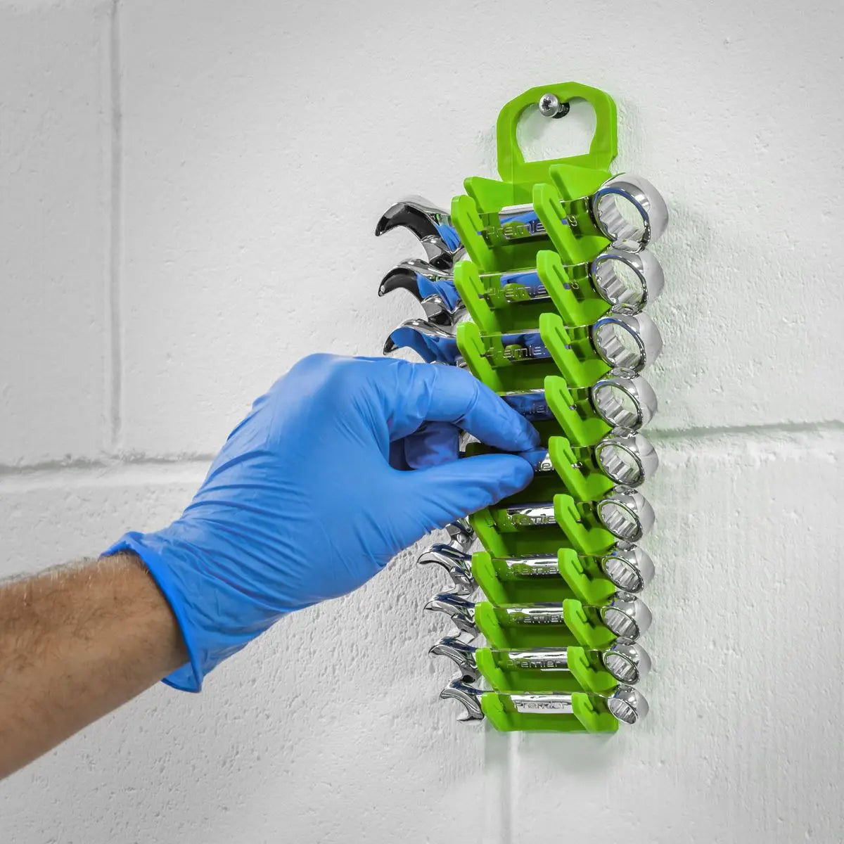 Sealey Premier High Visibility Green Stubby Spanner Rack 10 Capacity Hanging Toolbox 