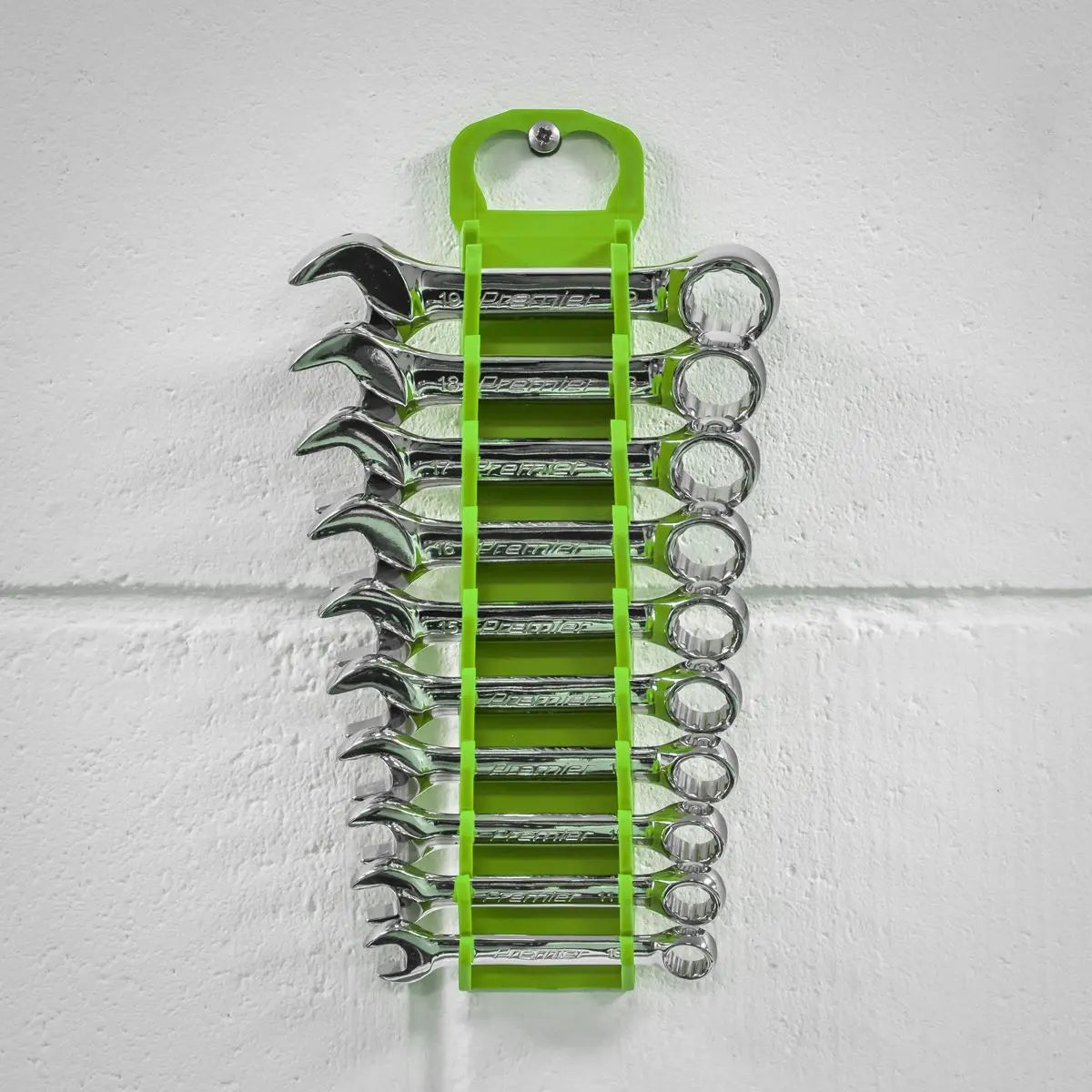 Sealey Premier High Visibility Green Stubby Spanner Rack 10 Capacity Hanging Toolbox 