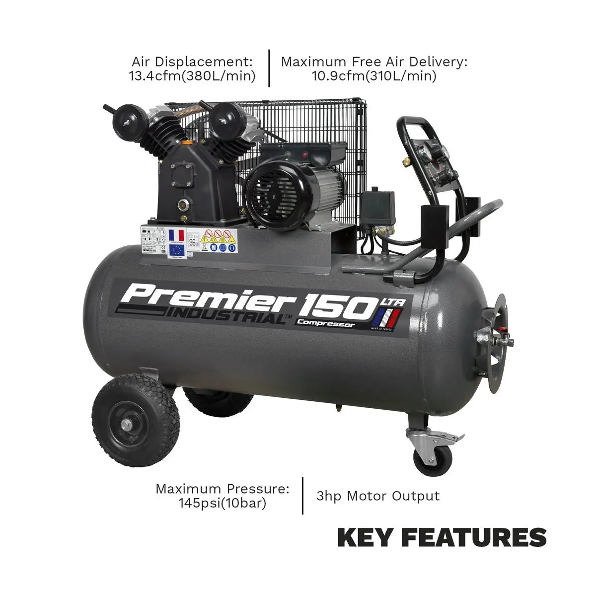 Sealey Premier Industrial Premier 150L Belt Drive Air Compressor with Front Control Panel 3hp 