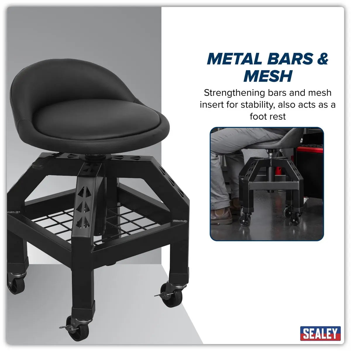Sealey Premier Industrial Premier Industrial Pneumatic Creeper Stool with Adjustable Height Swivel Seat & Back Rest  White Rose Tools