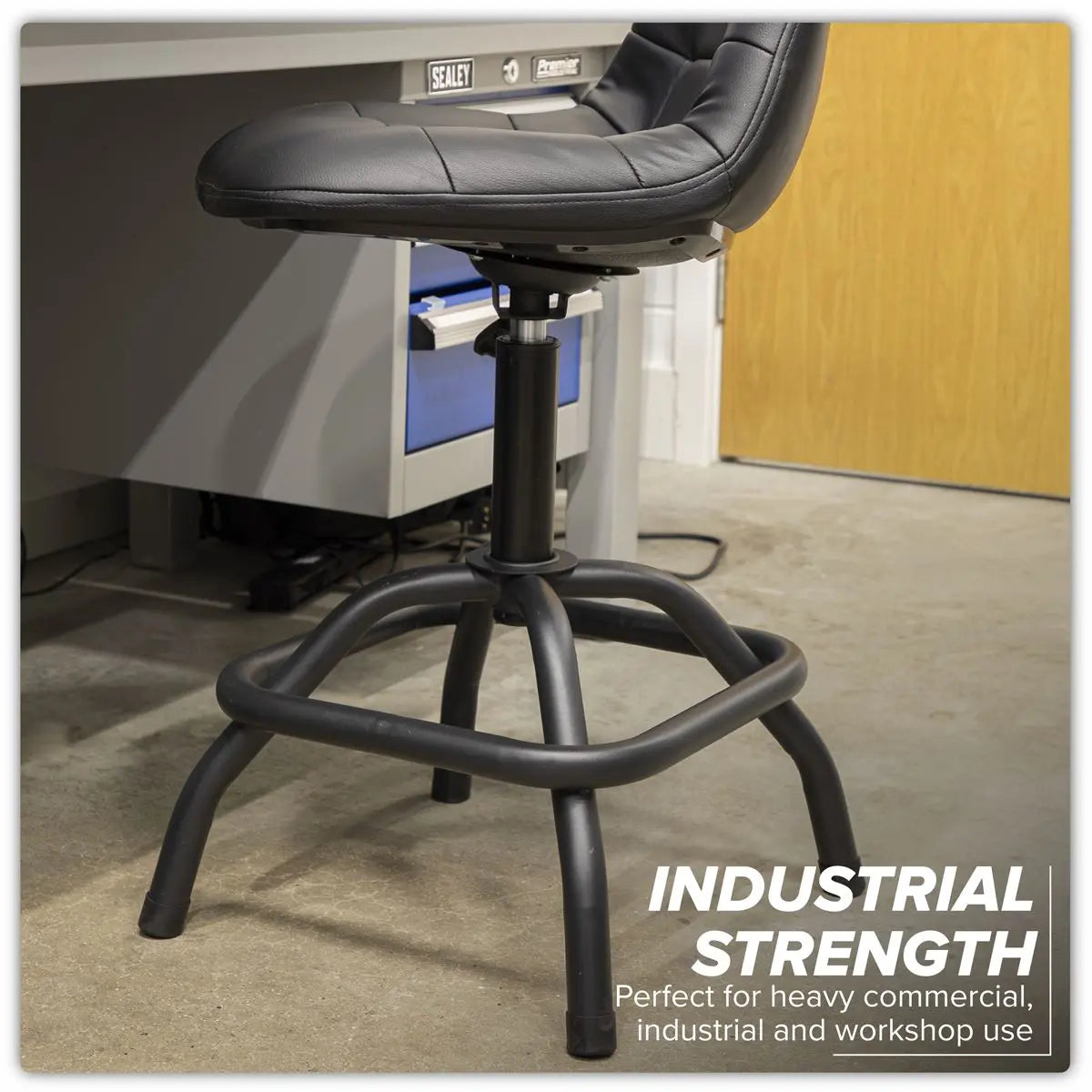 Sealey Premier Industrial Premier Industrial Pneumatic Workshop Stool with Adjustable Height Swivel Seat & Back Rest  White Rose Tools