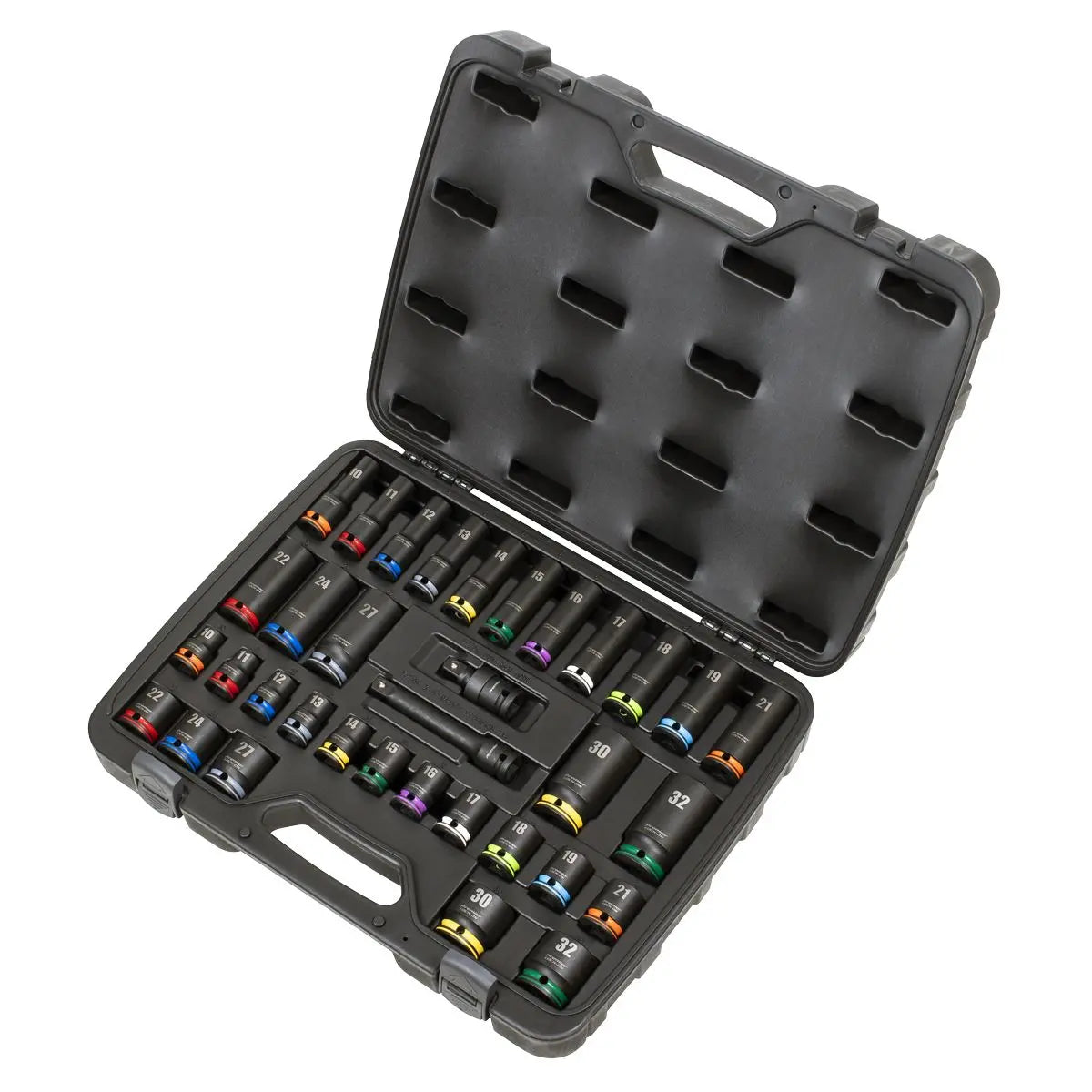 Sealey Premier Lock-On™ Standard & Deep Impact Socket Set 34pc 1/2"Sq Drive 6pt Metric  White Rose Tools