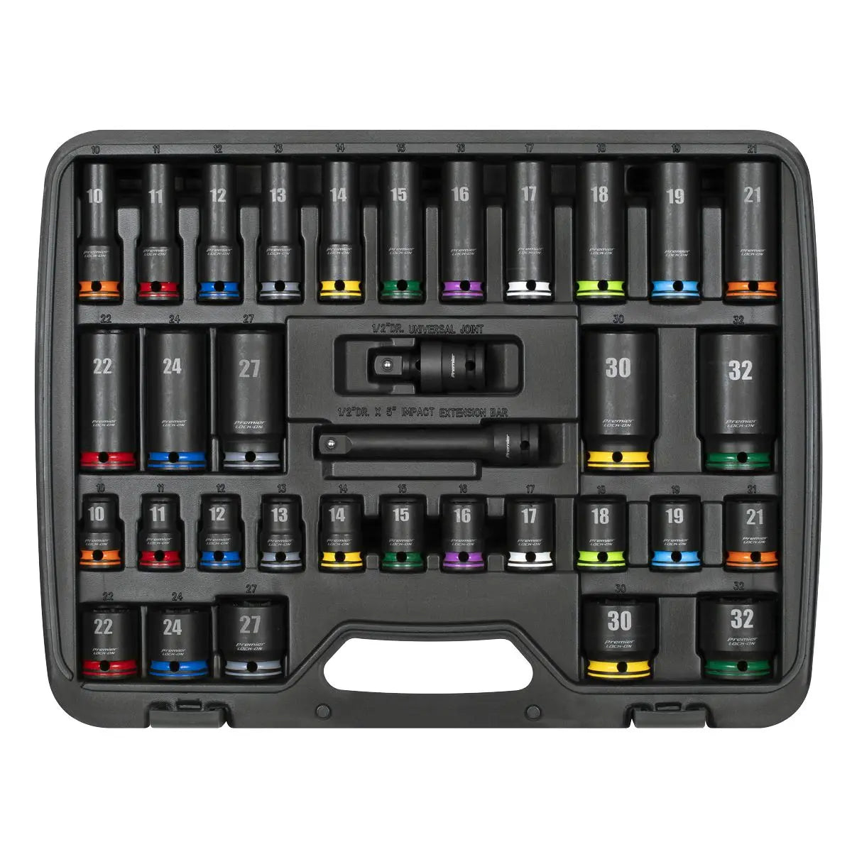 Sealey Premier Lock-On™ Standard & Deep Impact Socket Set 34pc 1/2"Sq Drive 6pt Metric  White Rose Tools