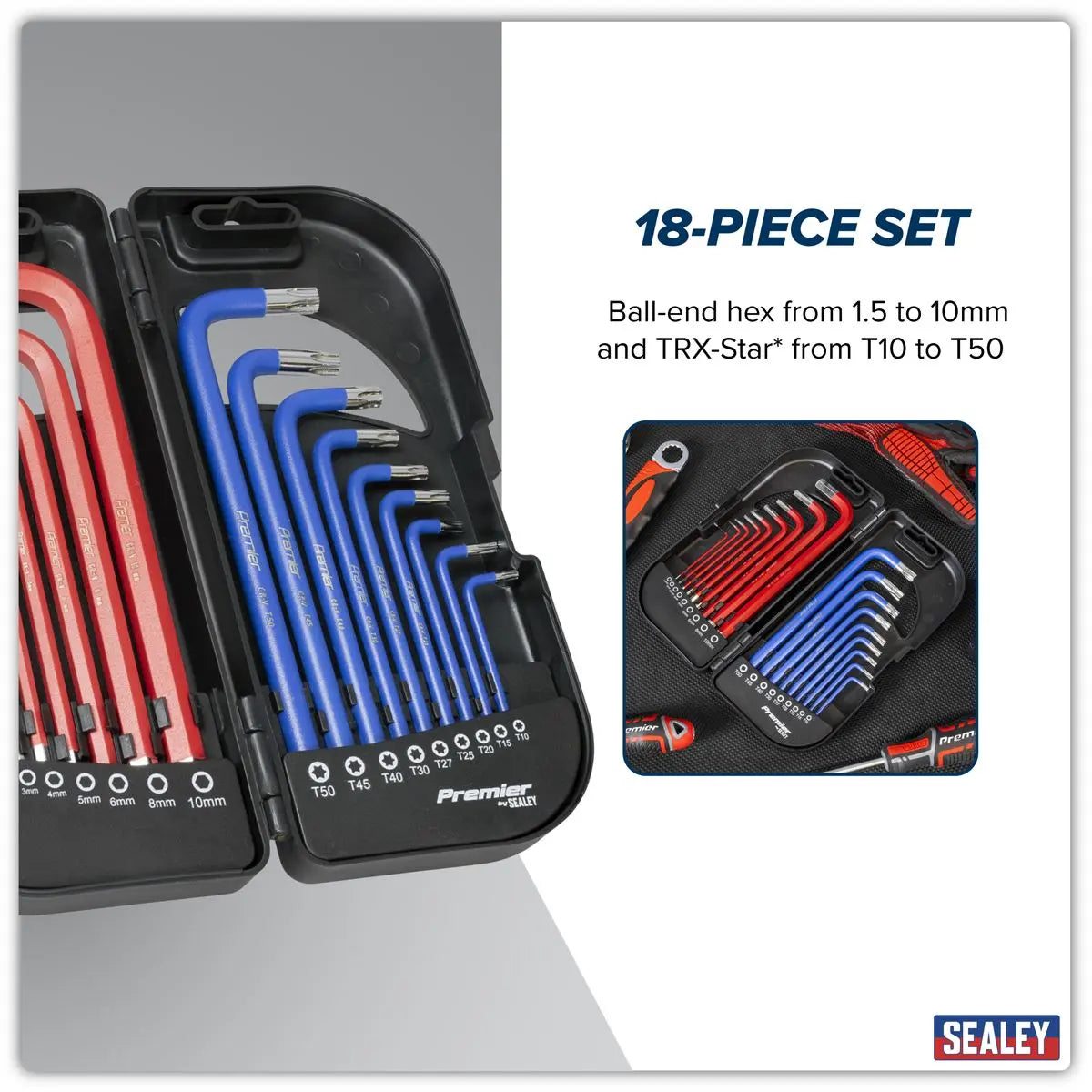Sealey Premier Long Anti-Slip TRX-Star* & Ball-End Hex Key Set 18pc  White Rose Tools