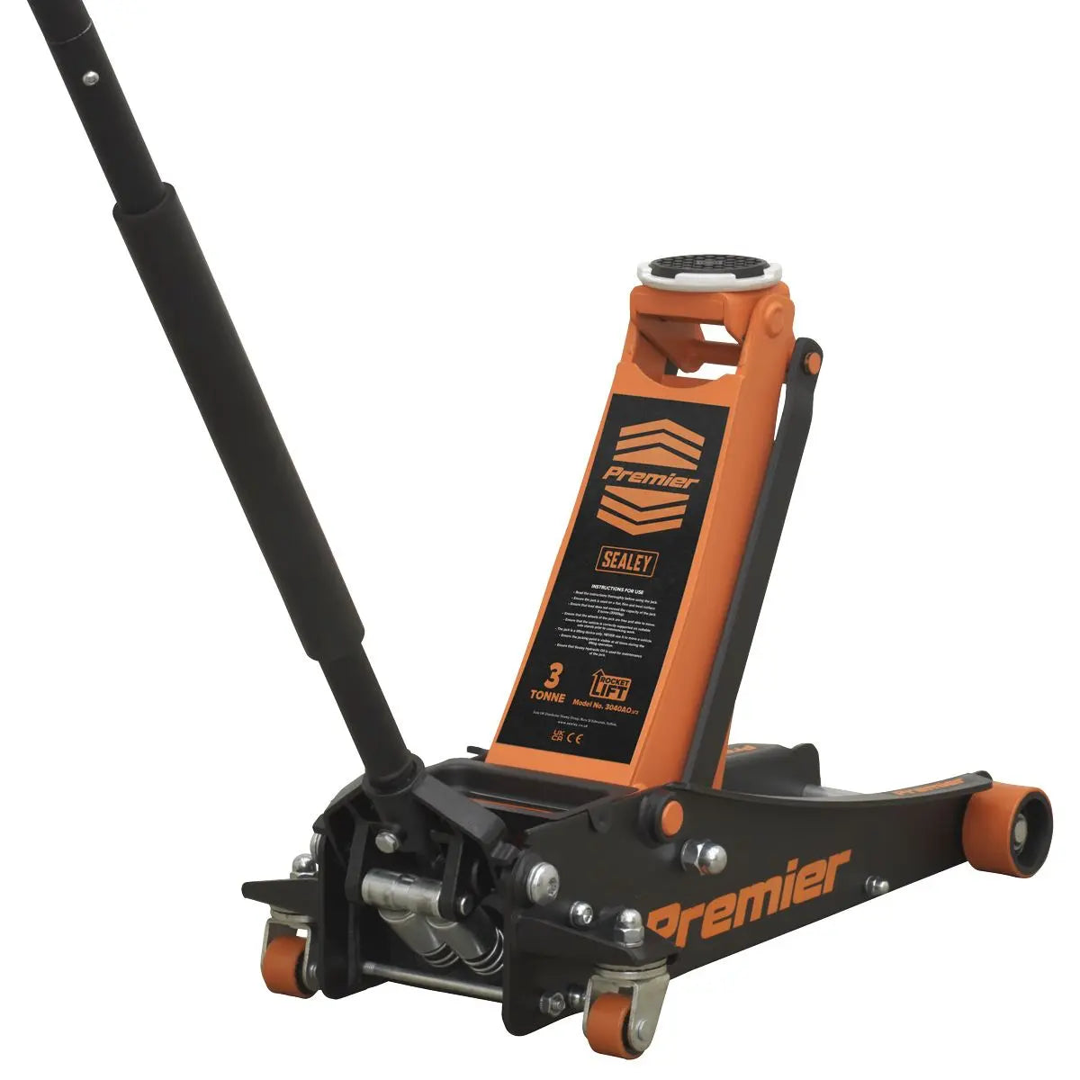 Sealey Premier Low Profile Trolley Jack with Rocket Lift 3 Tonne - Orange  White Rose Tools