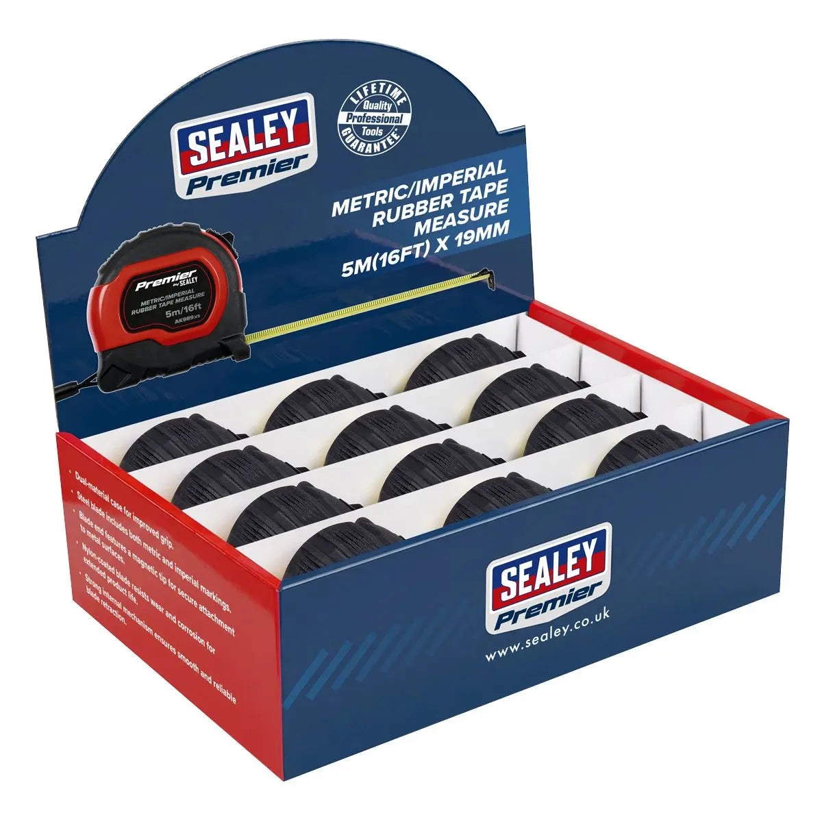Sealey Premier Metric/Imperial Rubber Tape Measure 5m(16ft) x 19mm - Display Box of 12  White Rose Tools