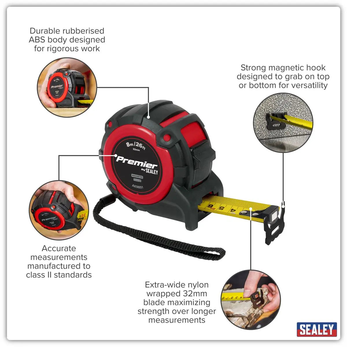 Sealey Premier Metric/Imperial Tape Measure Extra-Wide Blade 8m(26ft) x 32mm  White Rose Tools