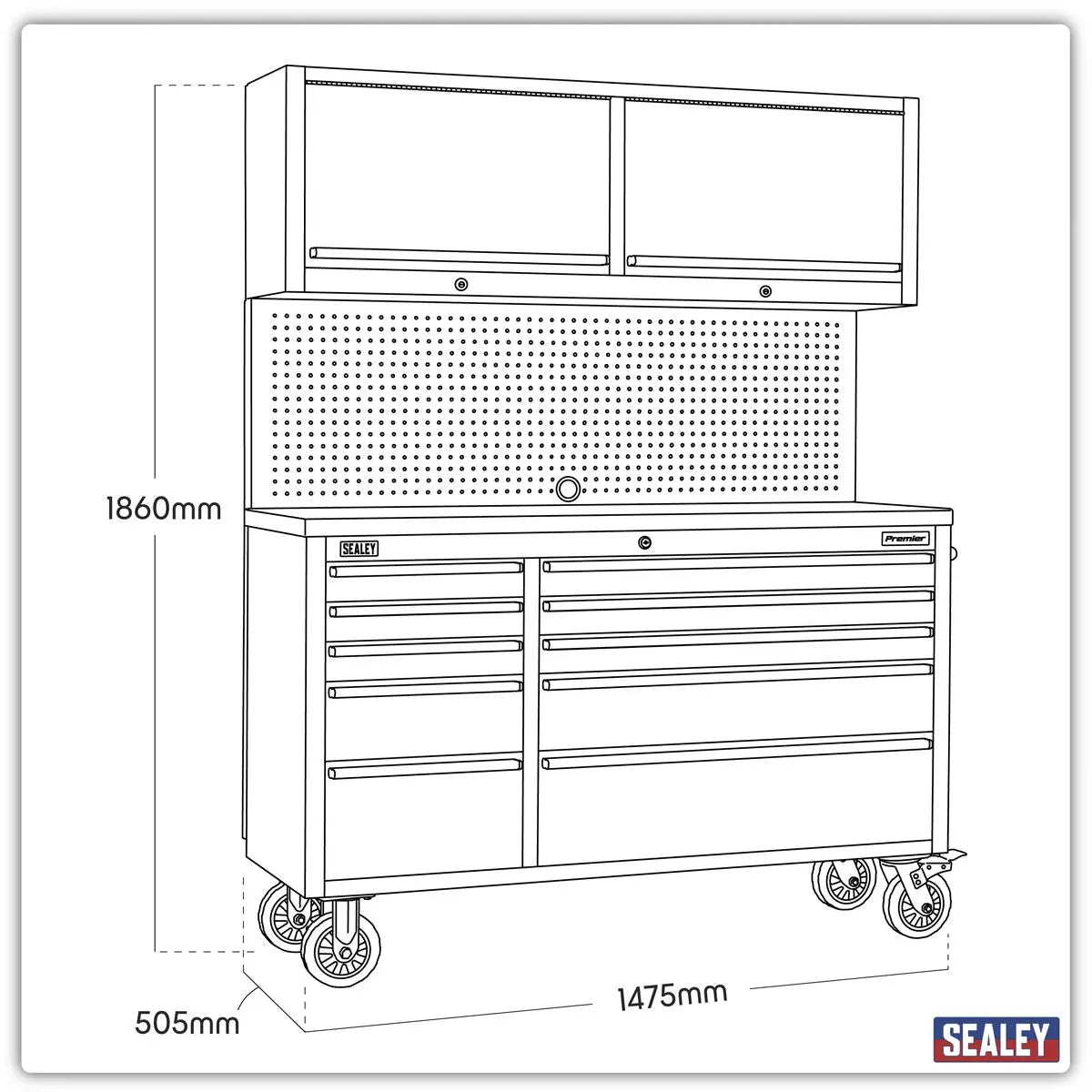 Sealey Premier Mobile Stainless Steel Tool Cabinet 10 Drawer with Backboard & 2 Wall Cupboards  White Rose Tools