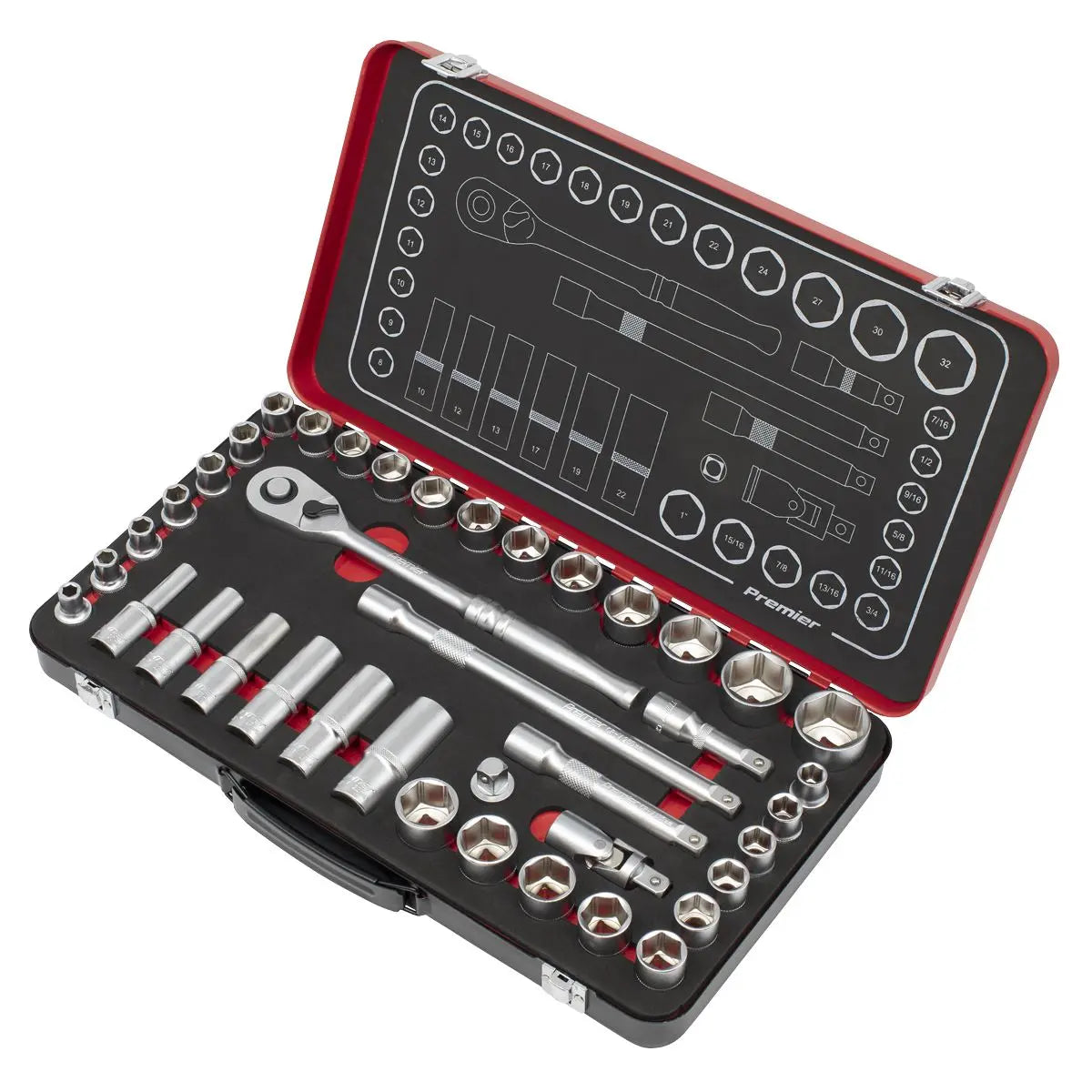 Sealey Premier Platinum Socket Set 1/2"Sq Drive 40pc - Metric/Imperial - Premier Platinum  White Rose Tools
