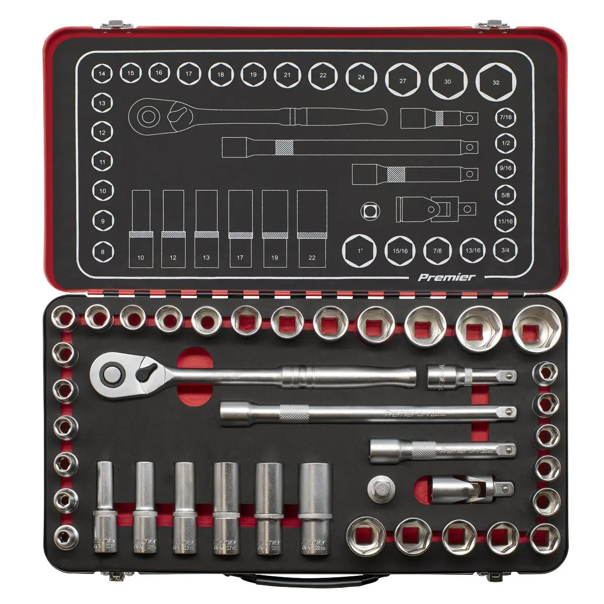 Sealey Premier Platinum Socket Set 1/2"Sq Drive 40pc - Metric/Imperial - Premier Platinum  White Rose Tools
