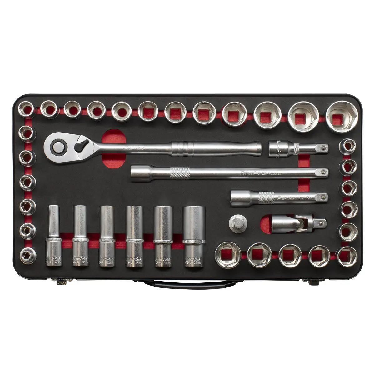 Sealey Premier Platinum Socket Set 1/2"Sq Drive 40pc - Metric/Imperial - Premier Platinum  White Rose Tools