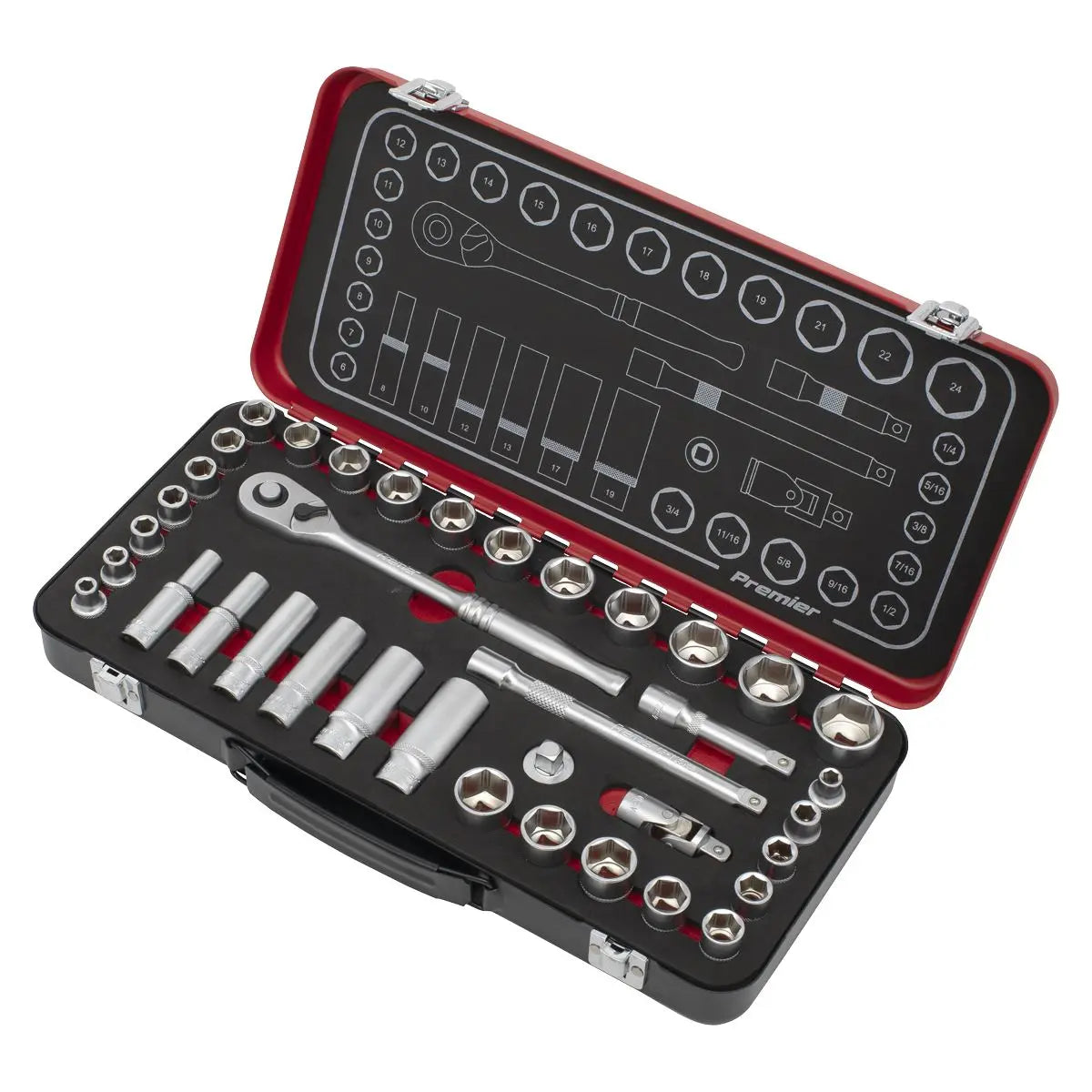 Sealey Premier Platinum Socket Set 3/8"Sq Drive 37pc - Metric/Imperial - Premier Platinum  White Rose Tools