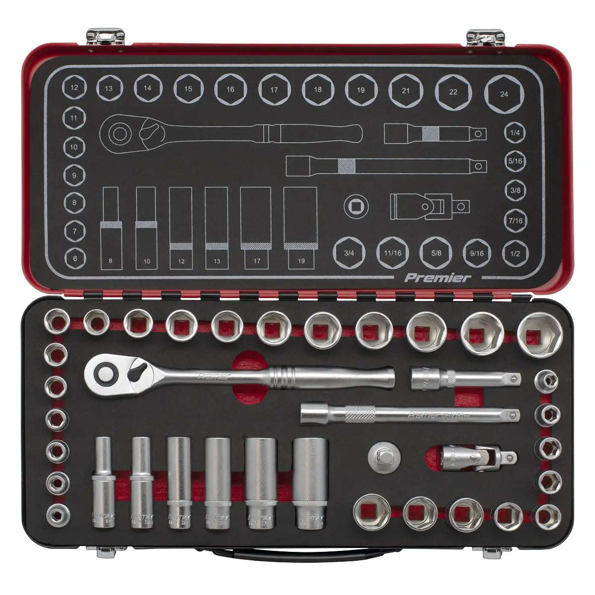 Sealey Premier Platinum Socket Set 3/8"Sq Drive 37pc - Metric/Imperial - Premier Platinum  White Rose Tools