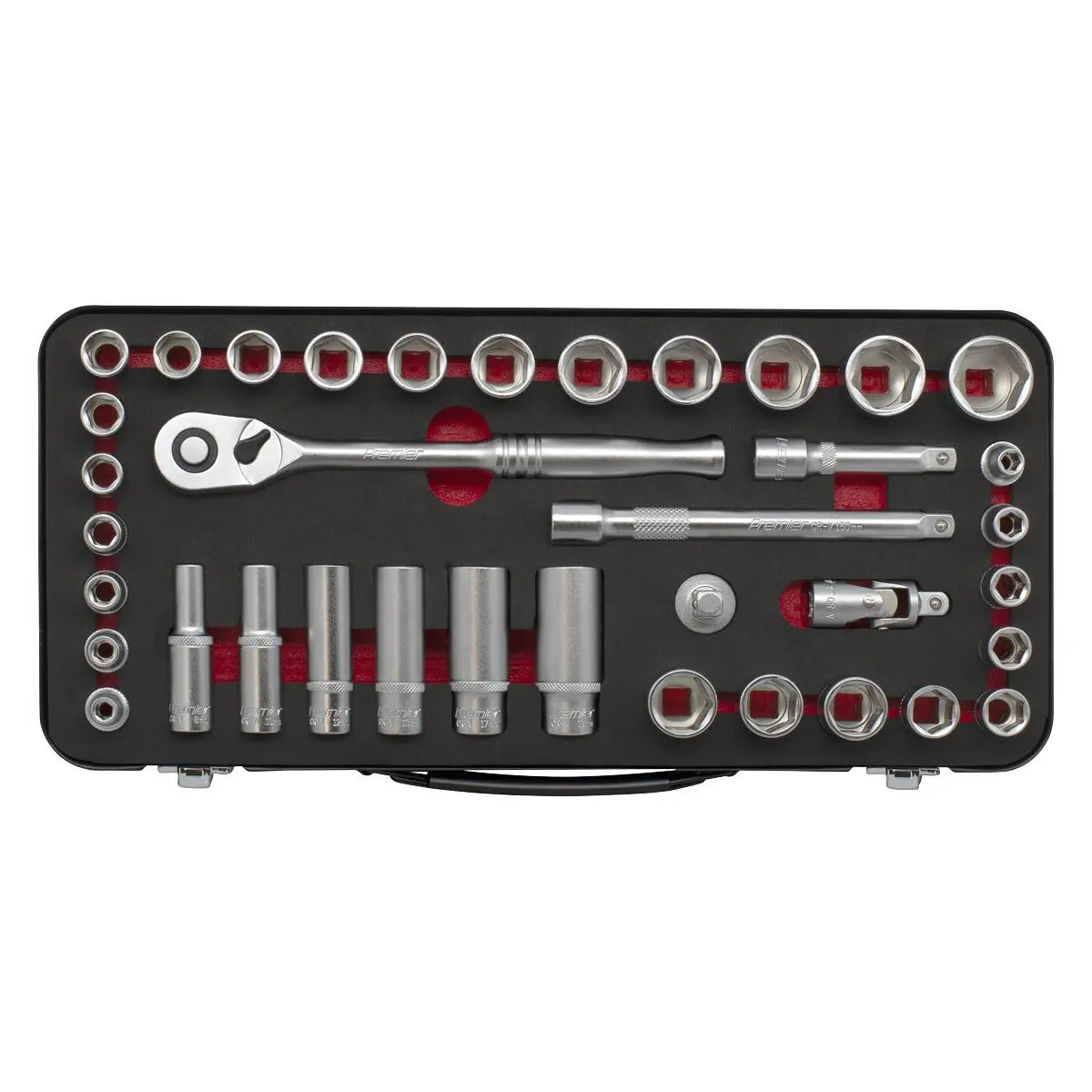Sealey Premier Platinum Socket Set 3/8"Sq Drive 37pc - Metric/Imperial - Premier Platinum  White Rose Tools