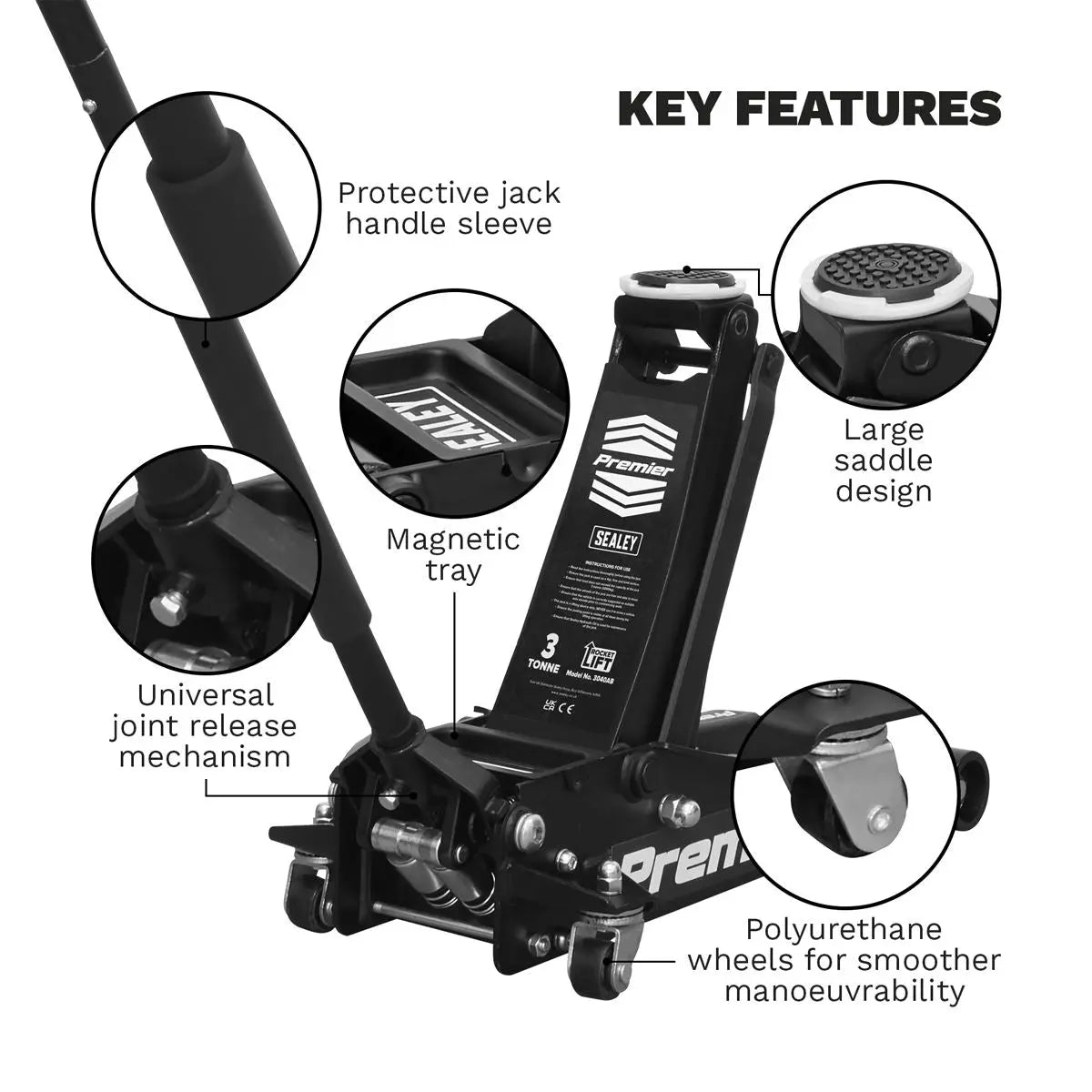 Sealey Premier Premier Low Profile Trolley Jack with Rocket Lift 3 Tonne - Black 