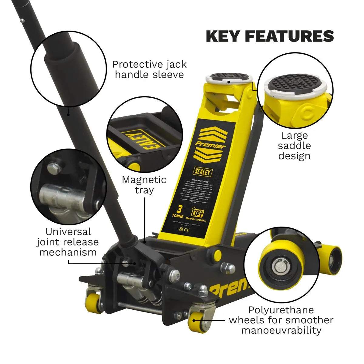 Sealey Premier Premier Low Profile Trolley Jack with Rocket Lift 3 Tonne - Yellow 