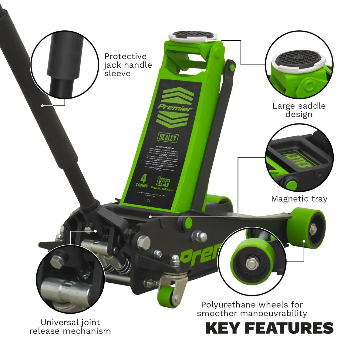 Sealey Premier Premier Low Profile Trolley Jack with Rocket Lift 4 Tonne - Green 