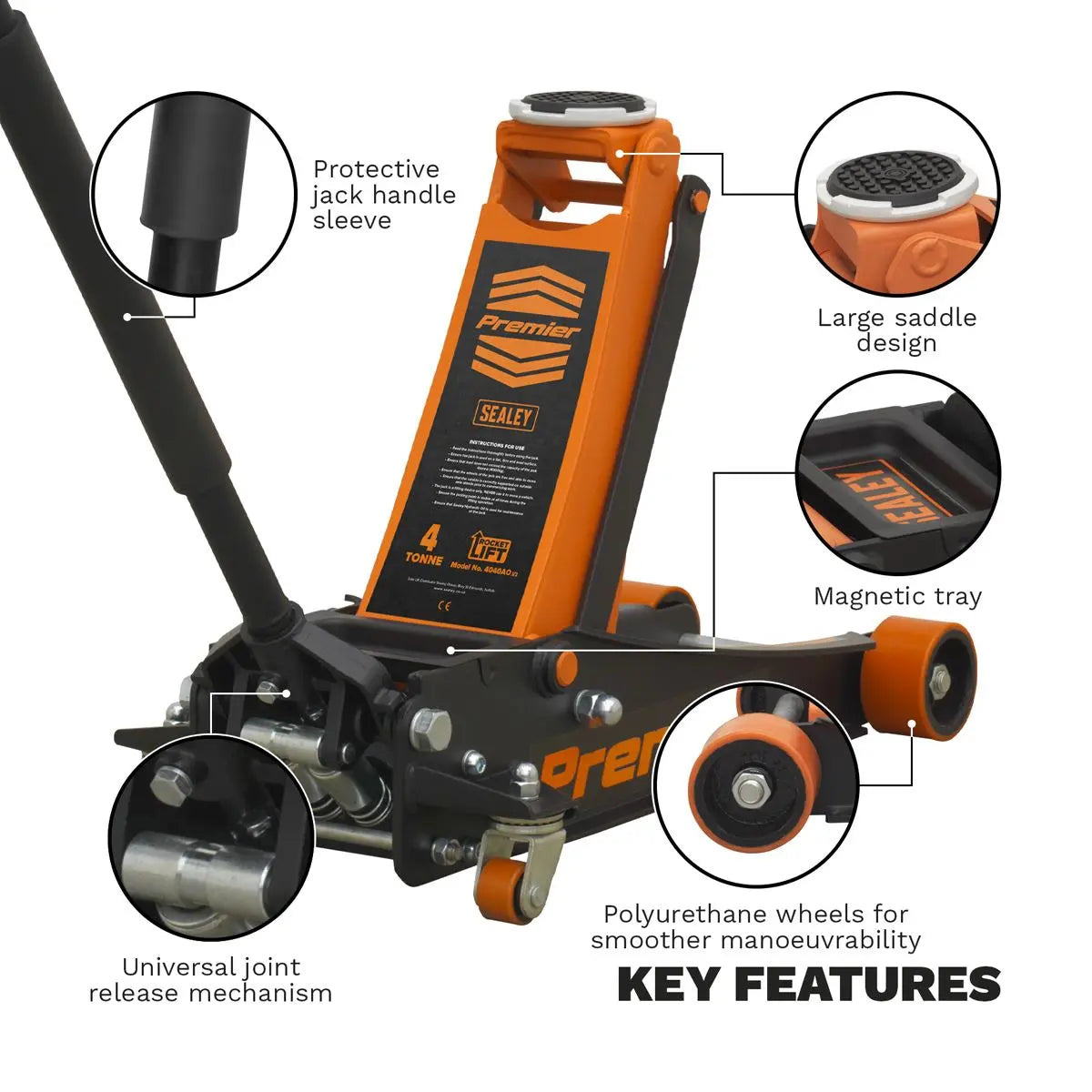 Sealey Premier Premier Low Profile Trolley Jack with Rocket Lift 4 Tonne - Orange 