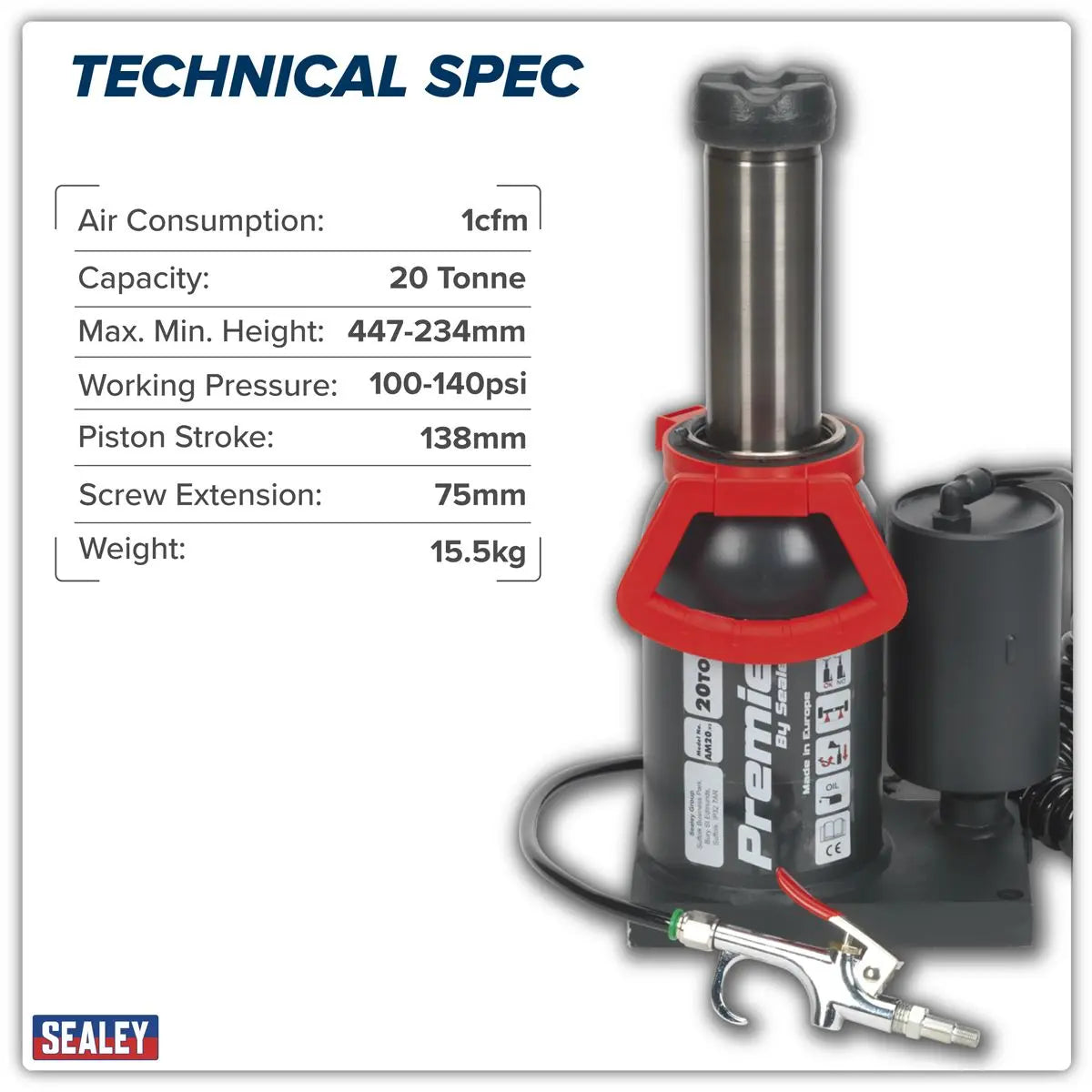 Sealey Premier Premier Manual/Air Hydraulic Bottle Jack 20 Tonne  White Rose Tools