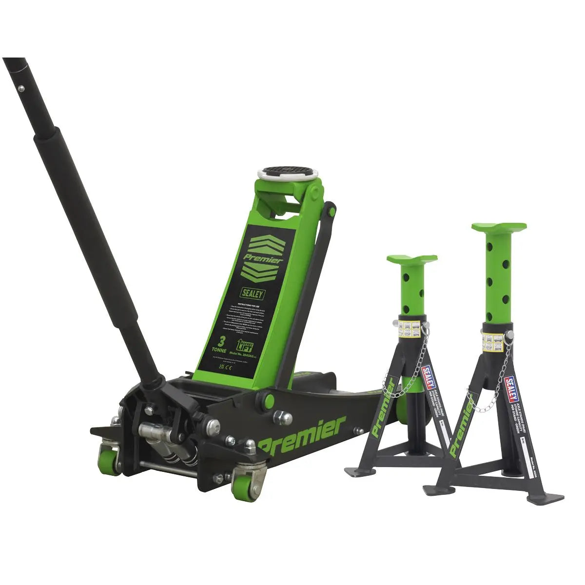 Sealey Premier Premier Trolley Jack 3 Tonne & Axle Stands (Pair) 3 Tonne per Stand Combo 