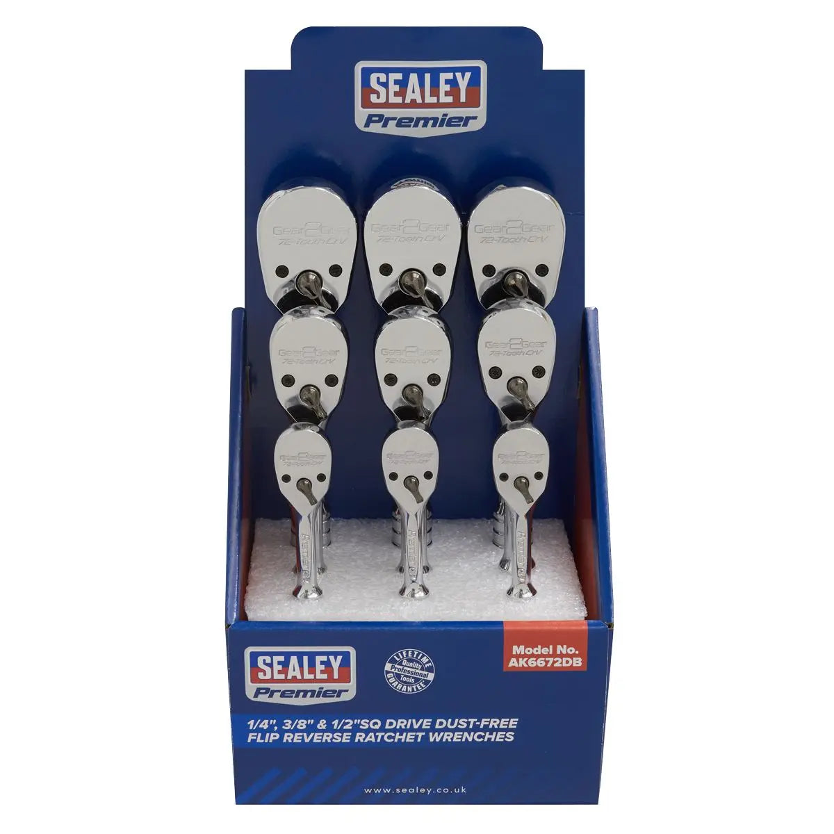 Sealey Premier Ratchet Wrenches 1/4", 3/8" & 1/2"Sq Drive Pear-Head Flip Reverse Display Box of 9 