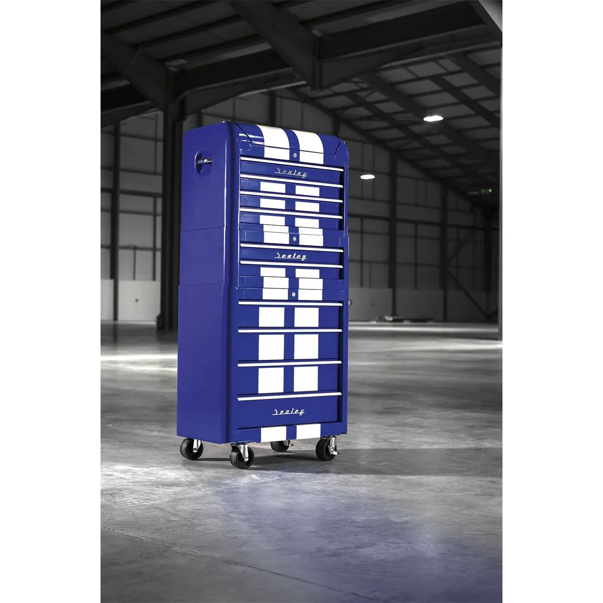 Sealey Premier Retro Style Topchest, Mid-Box Tool Chest & Rollcab Combination 10 Drawer Blue/White Stripes 