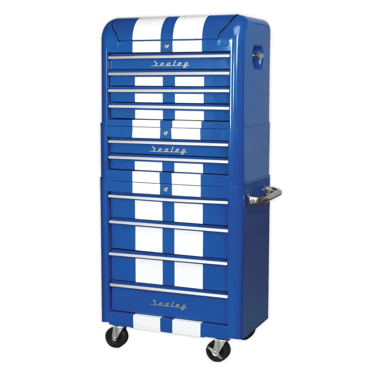 Sealey Premier Retro Style Topchest, Mid-Box Tool Chest & Rollcab Combination 10 Drawer Blue/White Stripes 