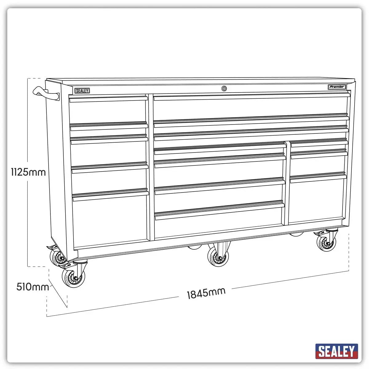 Sealey Premier Rollcab 15 Drawer 1845mm Extra-Wide Heavy-Duty Black  White Rose Tools