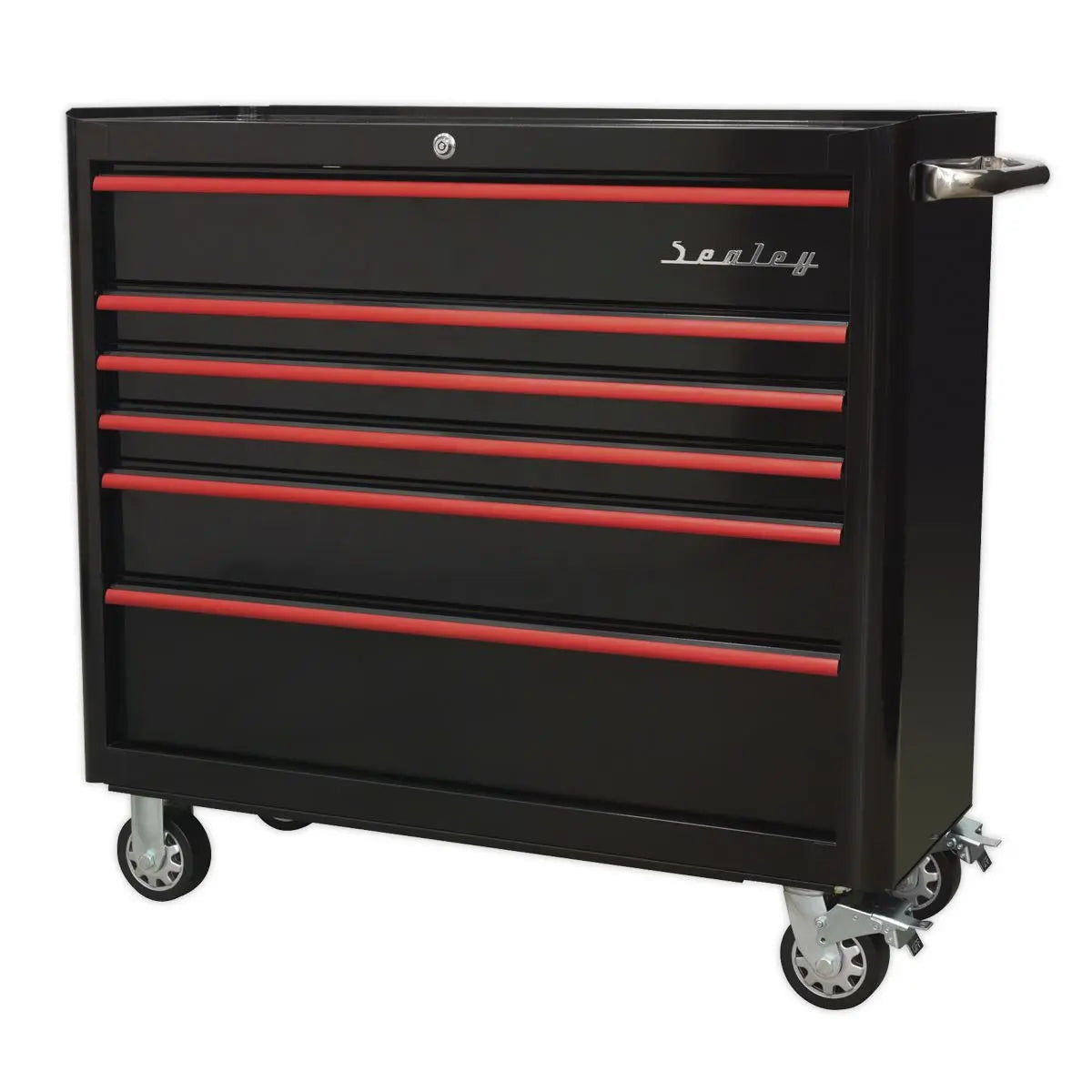 Sealey Premier Rollcab 6 Drawer Wide Retro Style - Black with Red Anodised Drawer Pulls 