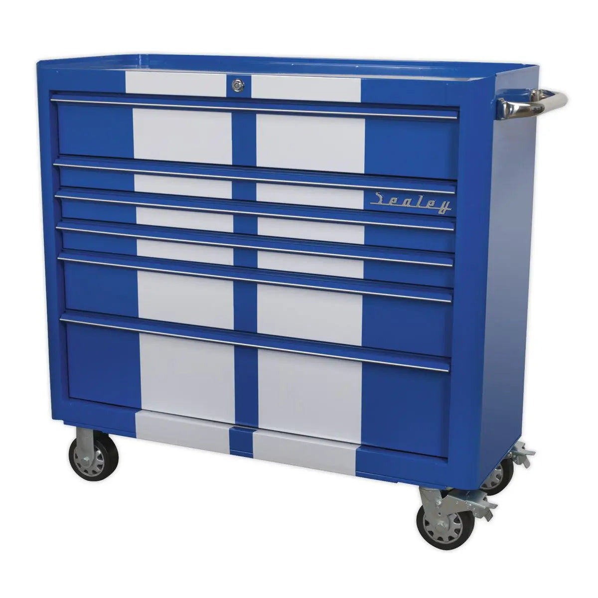 Sealey Premier Rollcab 6 Drawer Wide Retro Style - Blue with White Stripes 