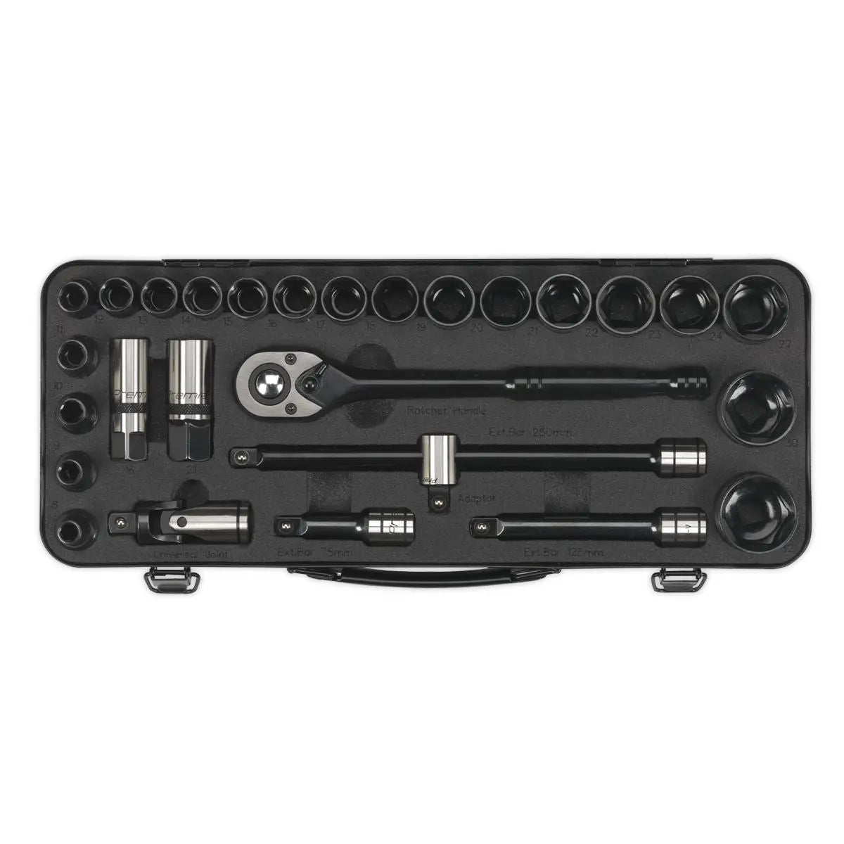 Sealey Premier Socket Set 28 Piece 1/2" Drive 6 Point WallDrive Metric Black Series 