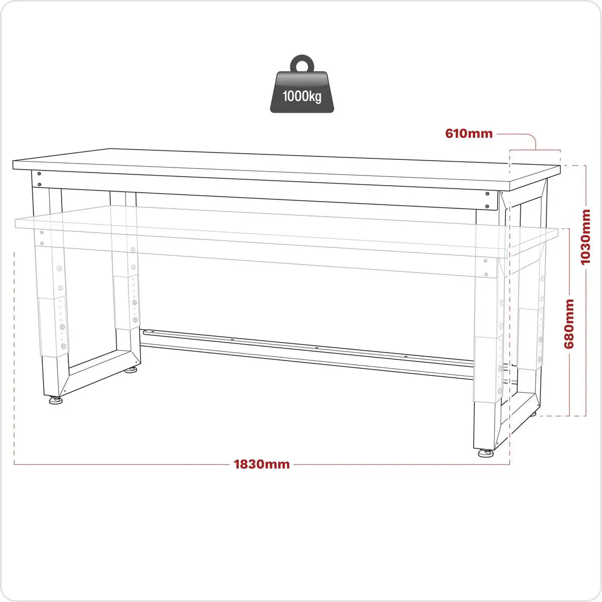 Sealey Premier Steel Adjustable Workbench with Wooden Worktop 1830mm - Heavy-Duty 