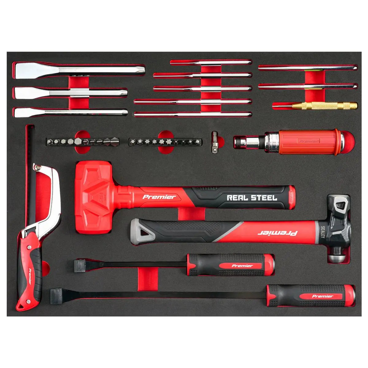 Sealey Premier Striking, Pry Bar, Hacksaw & Impact Screwdriver Set with Tool Tray 39pc  White Rose Tools