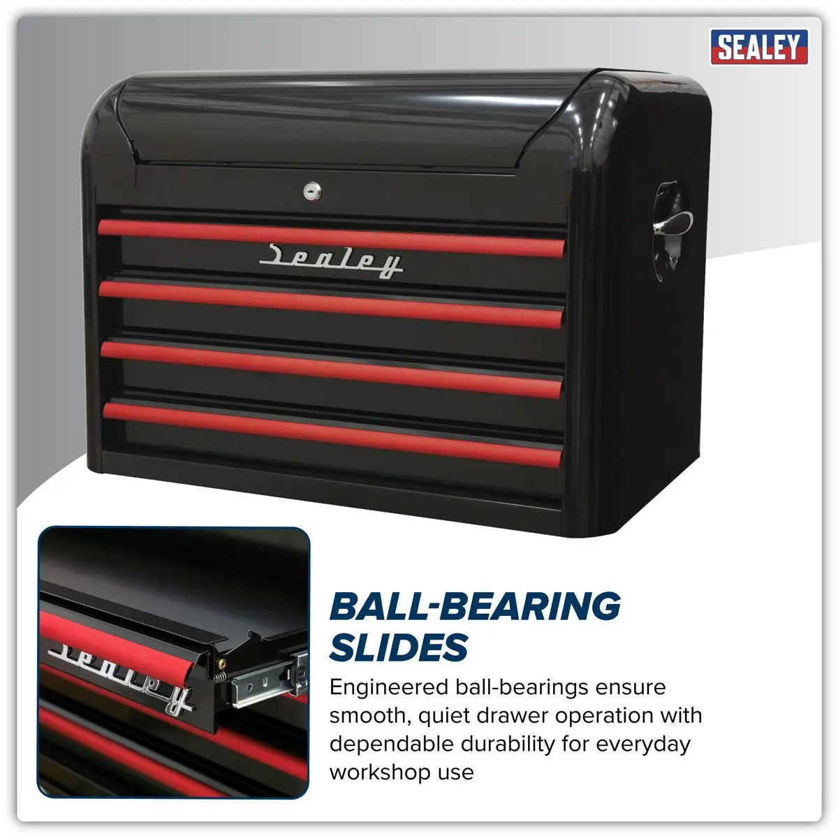 Sealey Premier™ Retro Style Topchest 4 Drawer - Black with Red Anodised Drawer Pulls  White Rose Tools