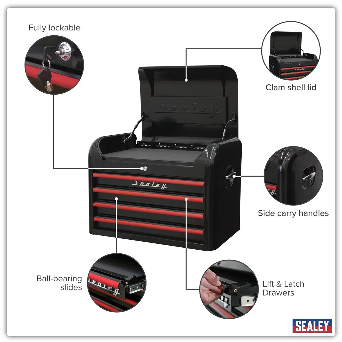 Sealey Premier™ Retro Style Topchest 4 Drawer - Black with Red Anodised Drawer Pulls  White Rose Tools