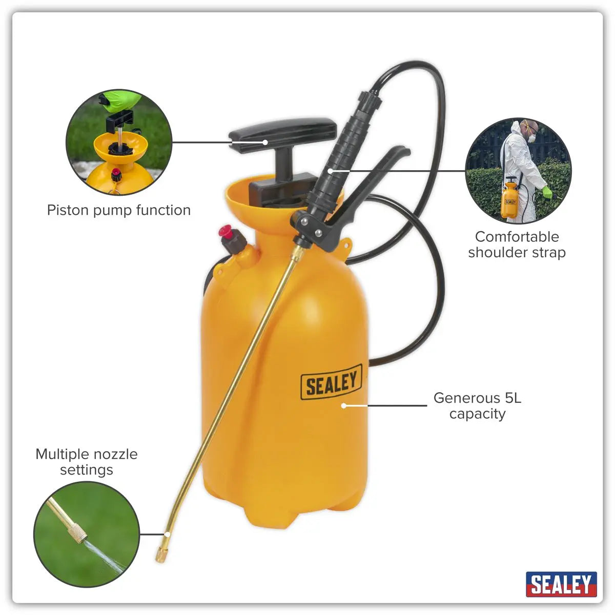 Sealey Pressure Sprayer 5L Gardening Pesticide Herbicide Fluid Bottle Lance  White Rose Tools