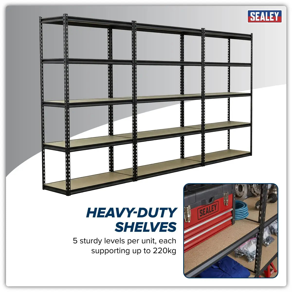 Sealey Racking Unit with 5 Shelves 220kg Capacity Per Level - Set of 3  White Rose Tools