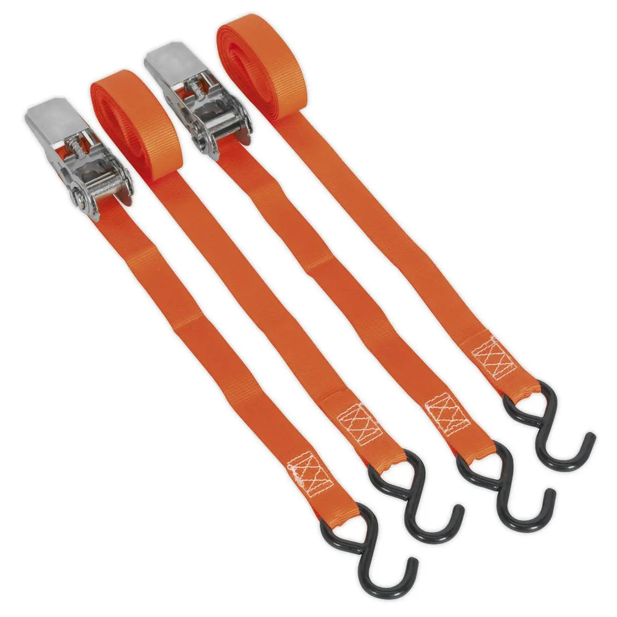 Sealey Ratchet Straps 25mm x 4m Polyester Webbing with S-Hooks 500kg Breaking Strength - Pair 